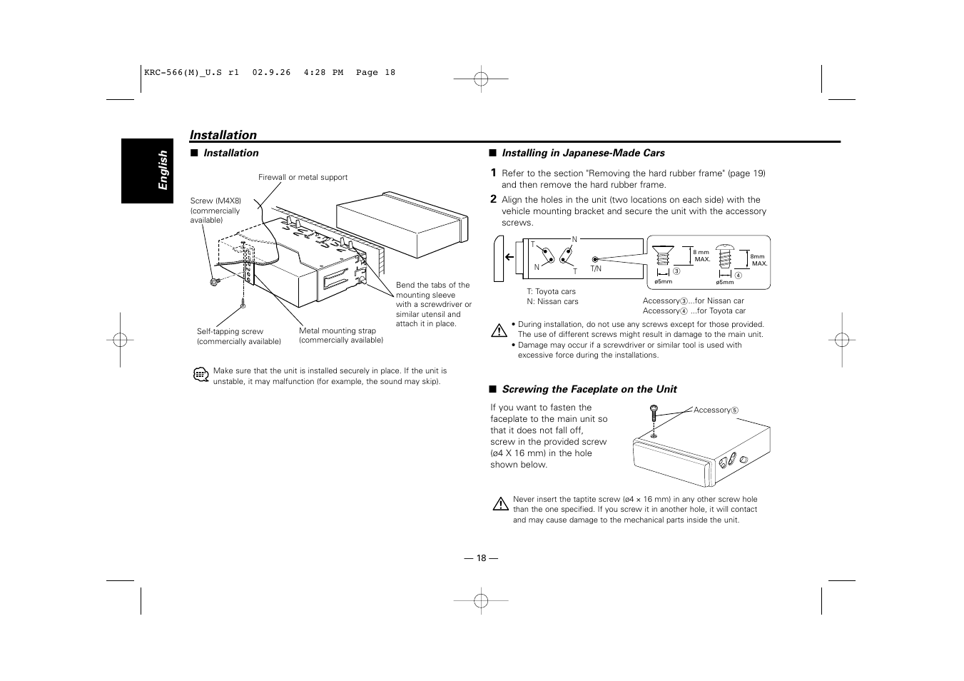 Installation | Kenwood KRC-566 User Manual | Page 18 / 24