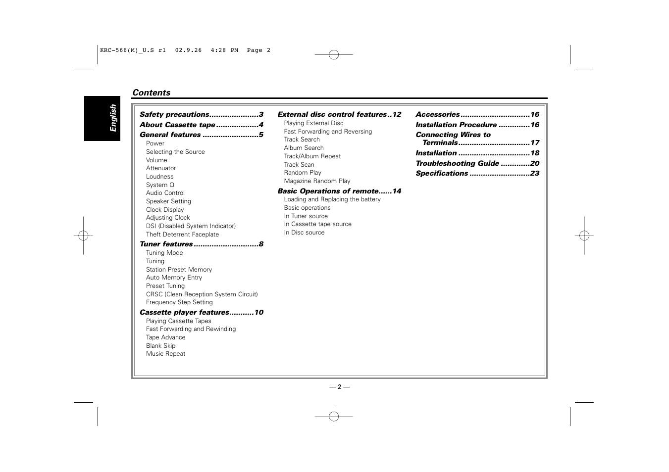 Kenwood KRC-566 User Manual | Page 2 / 24