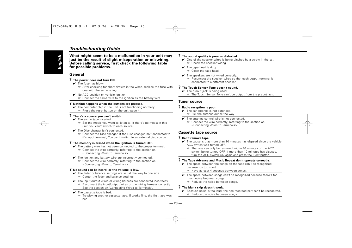 Troubleshooting guide | Kenwood KRC-566 User Manual | Page 20 / 24