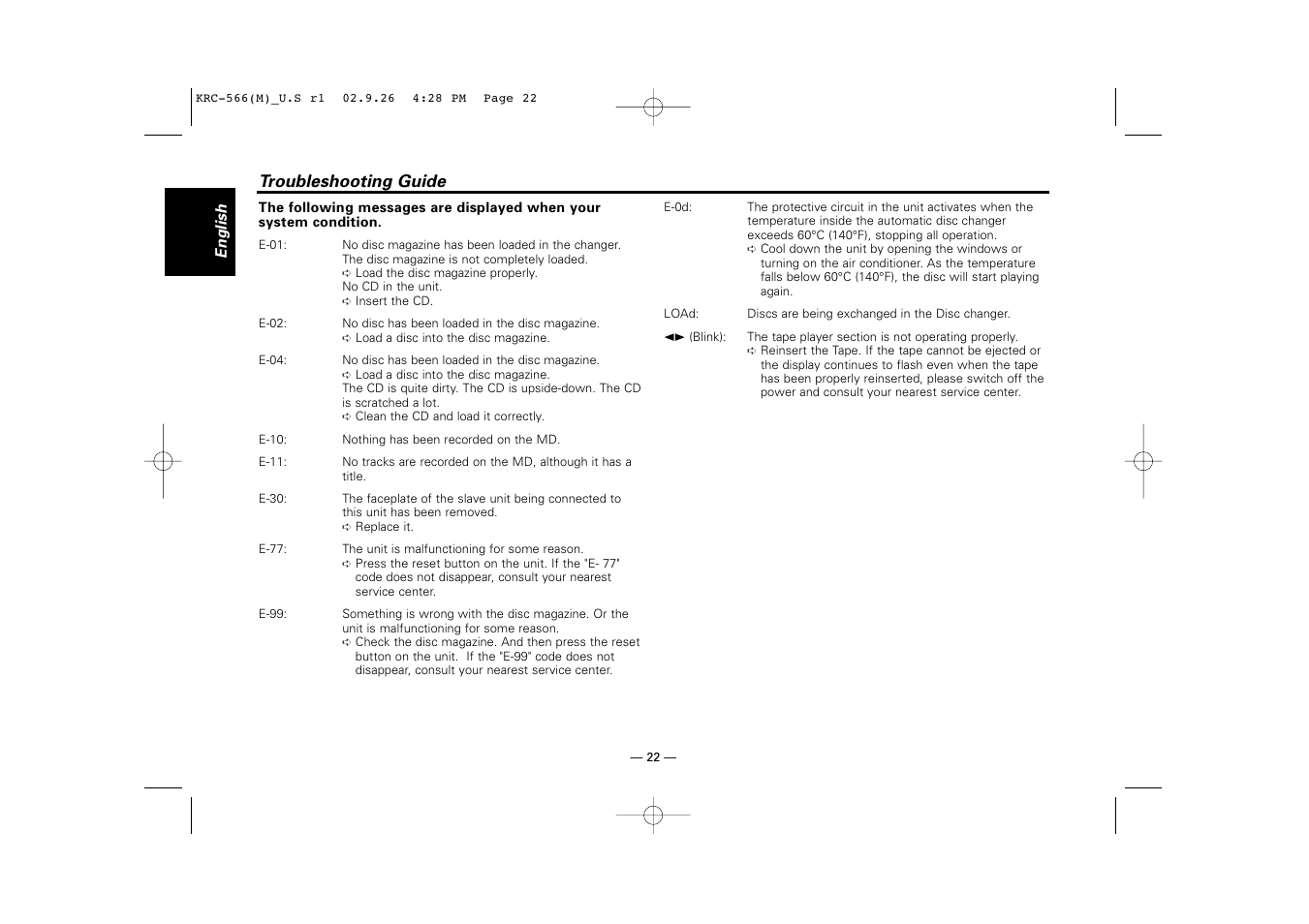 Troubleshooting guide | Kenwood KRC-566 User Manual | Page 22 / 24