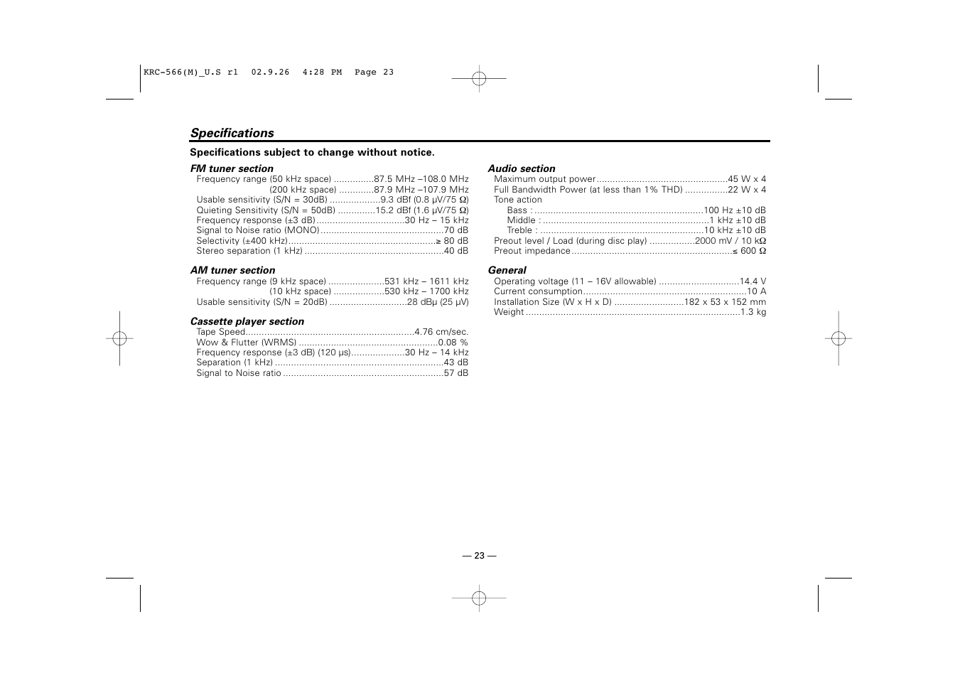 Specifications | Kenwood KRC-566 User Manual | Page 23 / 24