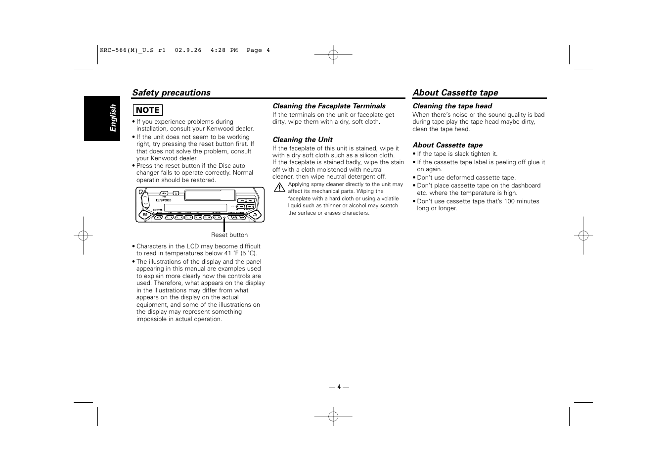 About cassette tape | Kenwood KRC-566 User Manual | Page 4 / 24