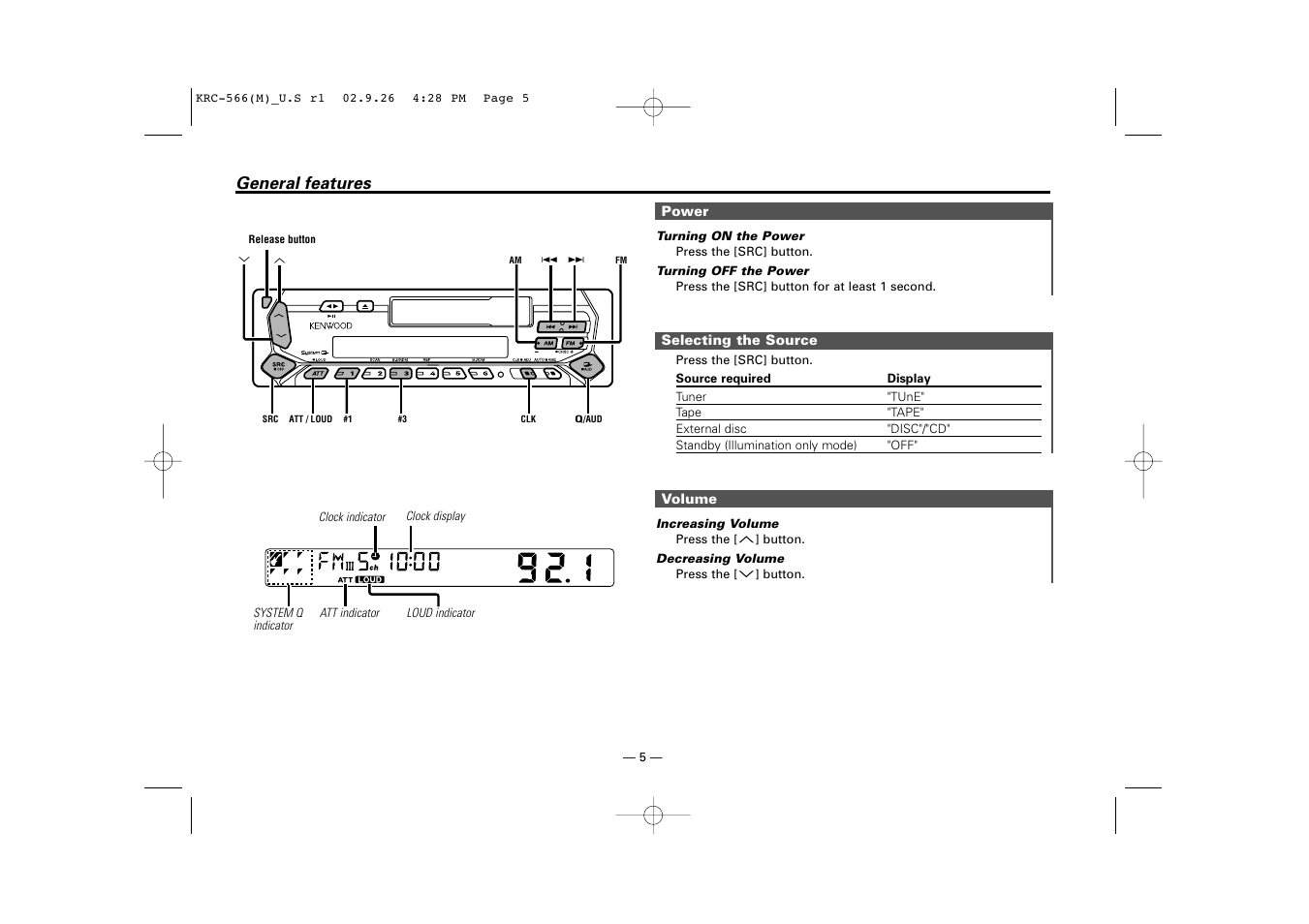 General features | Kenwood KRC-566 User Manual | Page 5 / 24