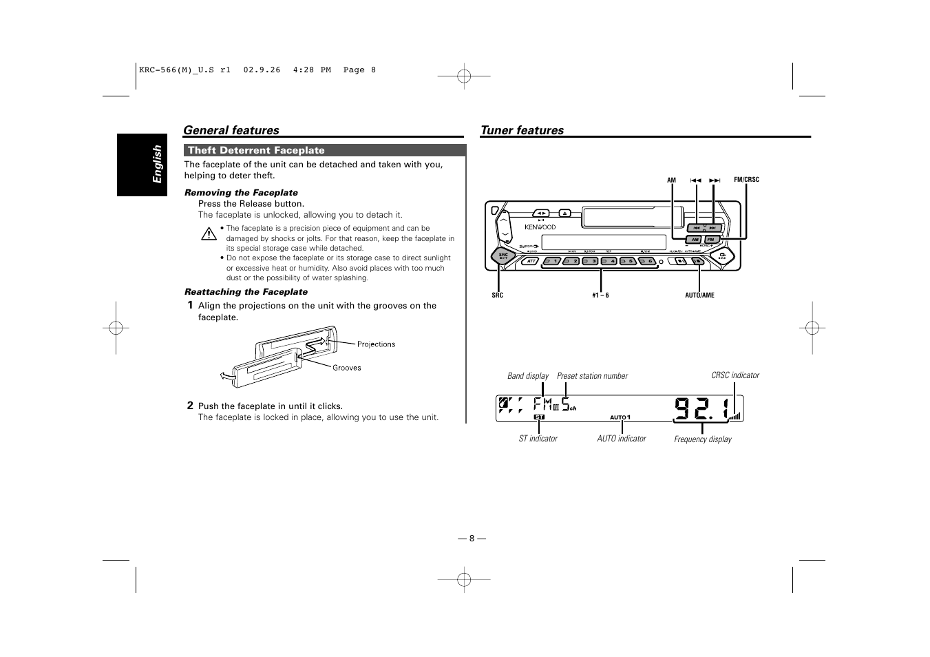 Tuner features | Kenwood KRC-566 User Manual | Page 8 / 24