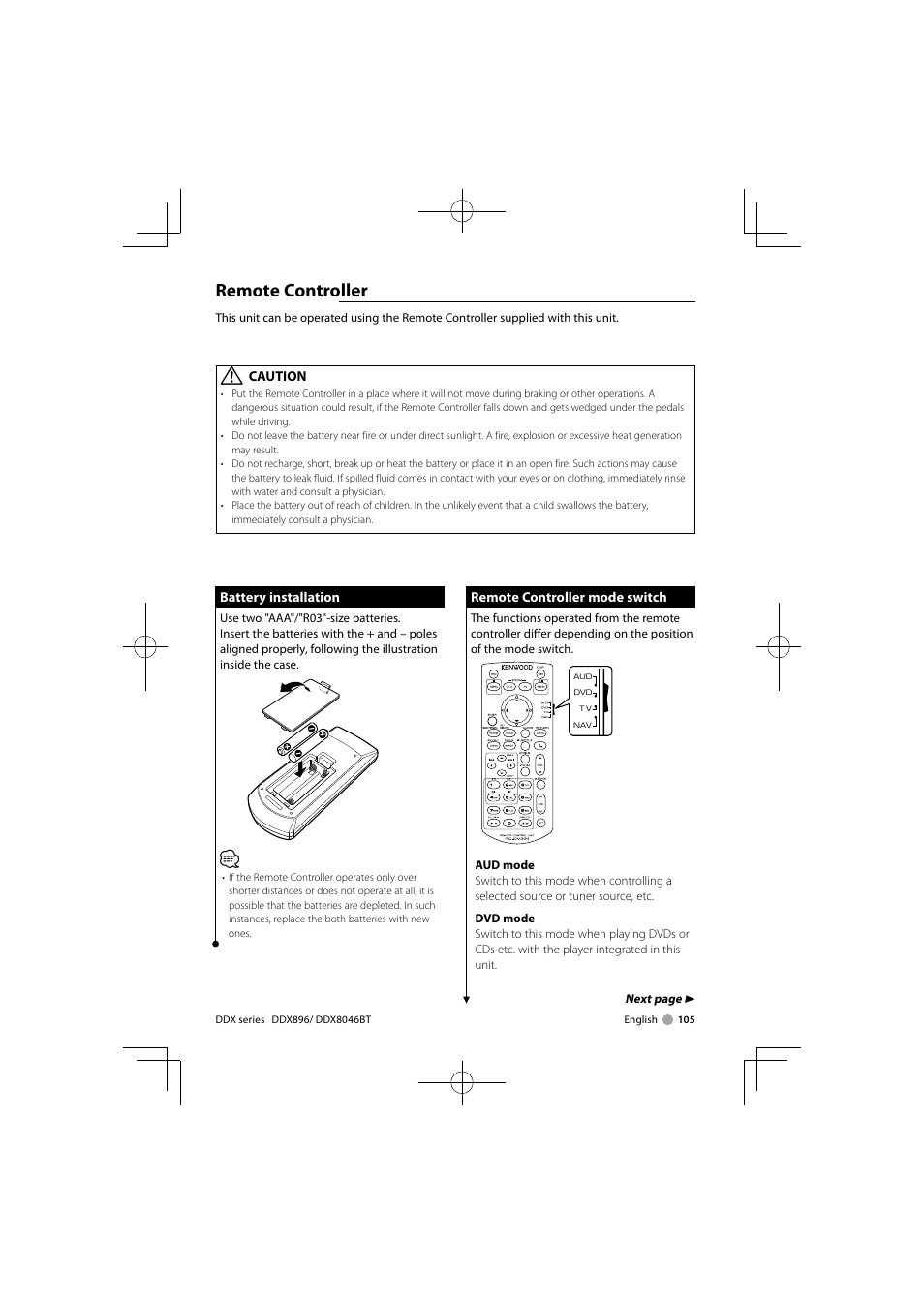 Remote controller | Kenwood DDX8046BT User Manual | Page 105 / 124