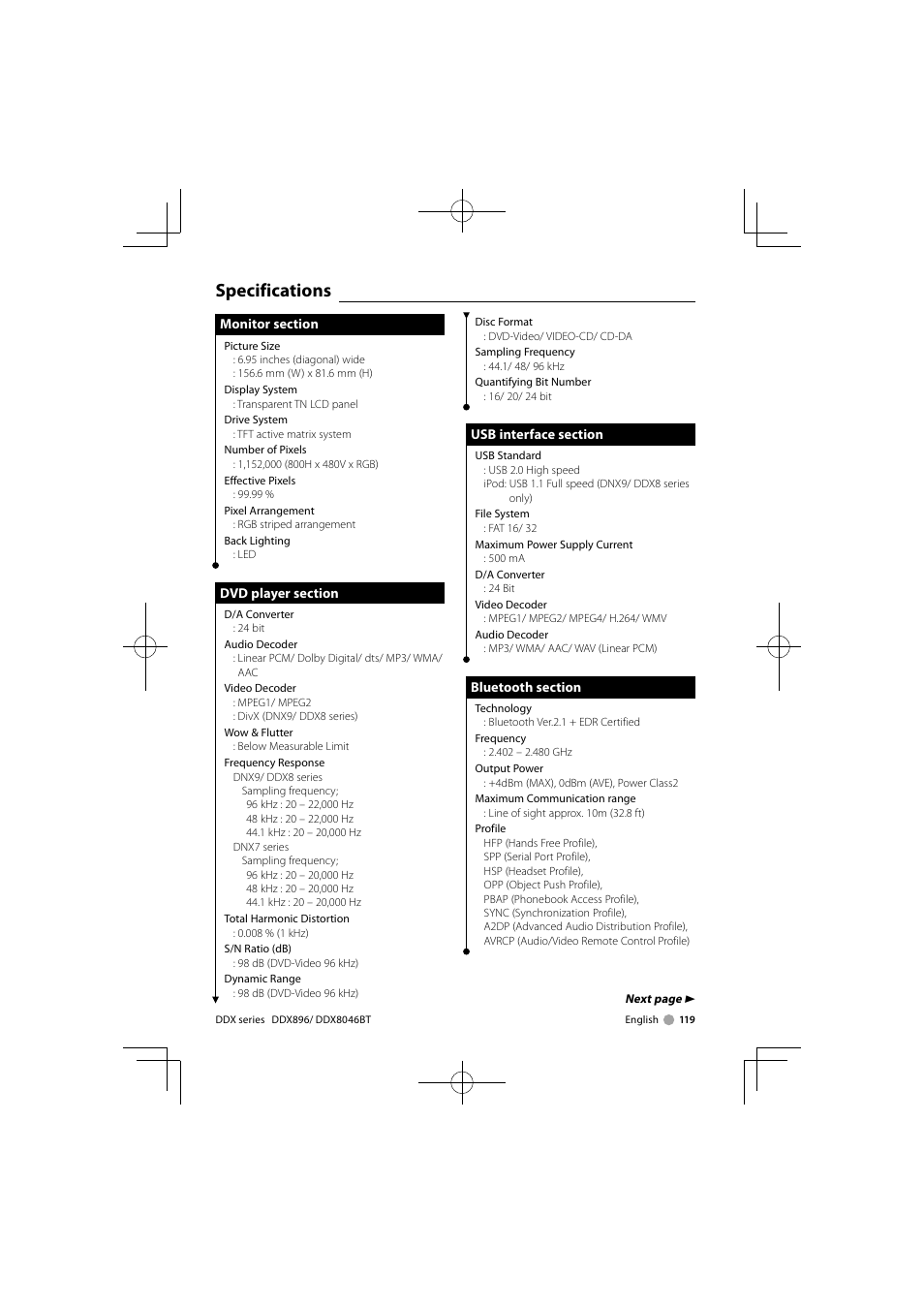 Specifications | Kenwood DDX8046BT User Manual | Page 119 / 124