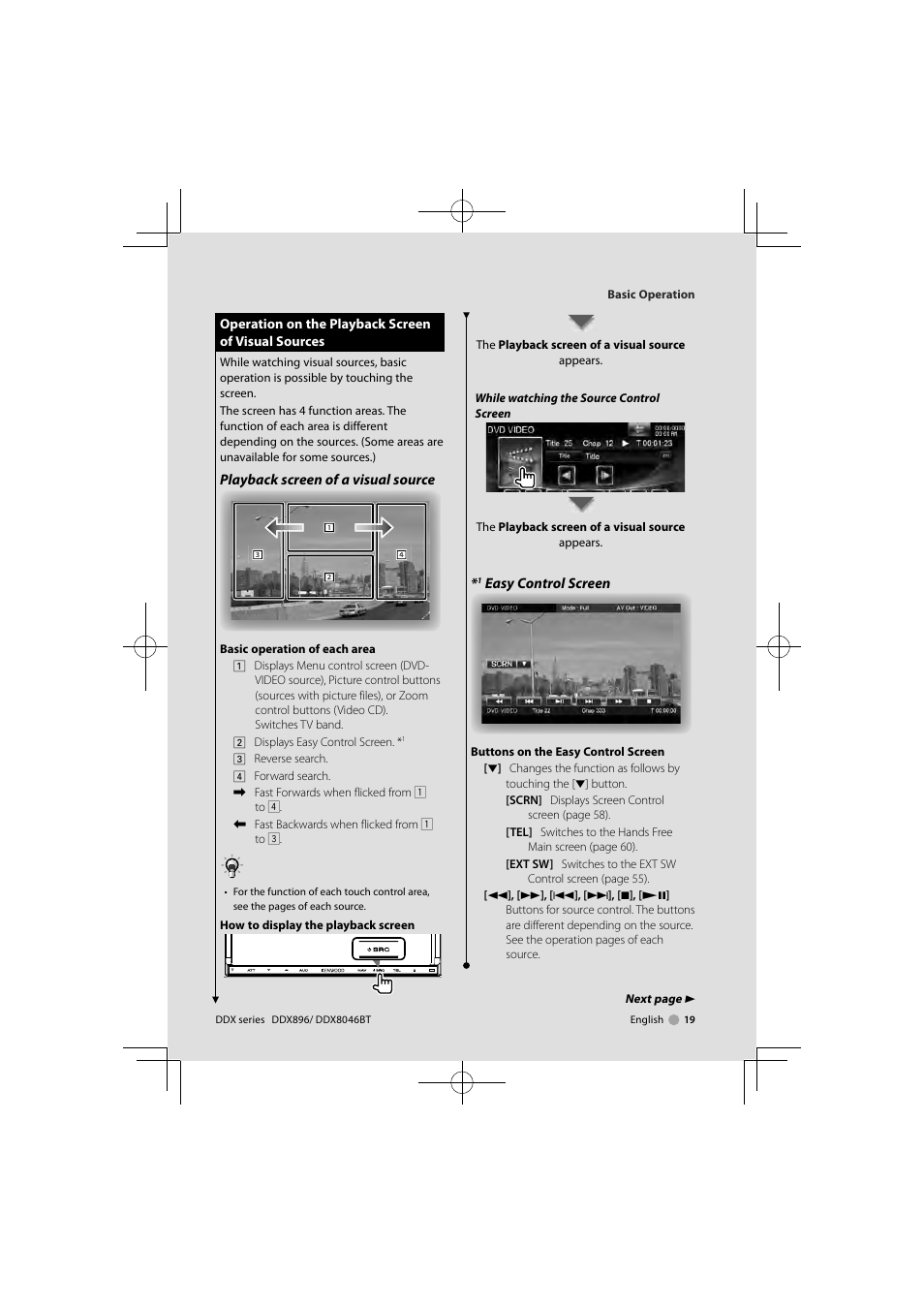 Playback screen of a visual source, Easy control screen | Kenwood DDX8046BT User Manual | Page 19 / 124