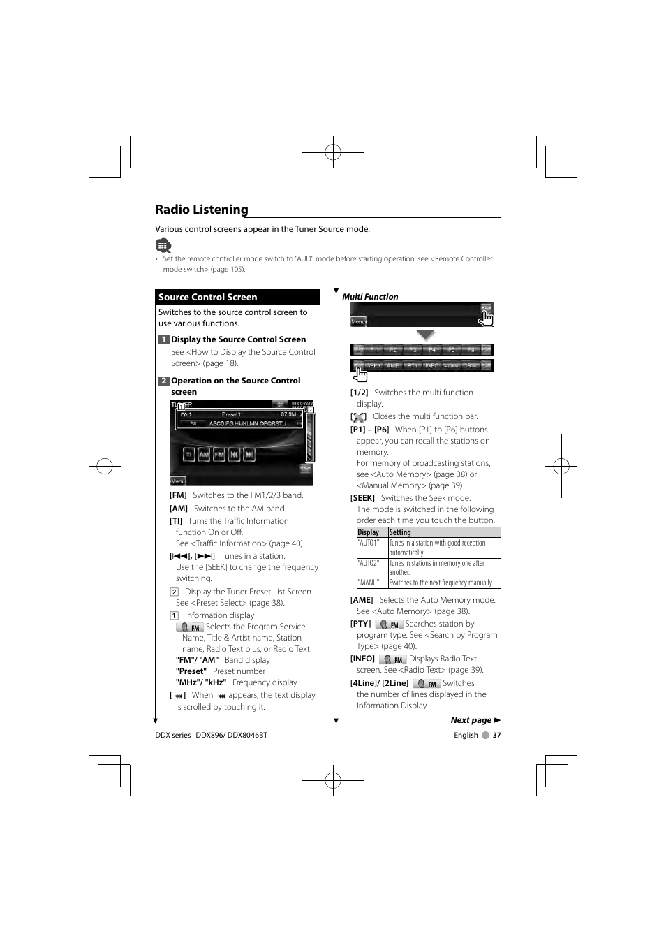 Radio listening | Kenwood DDX8046BT User Manual | Page 37 / 124