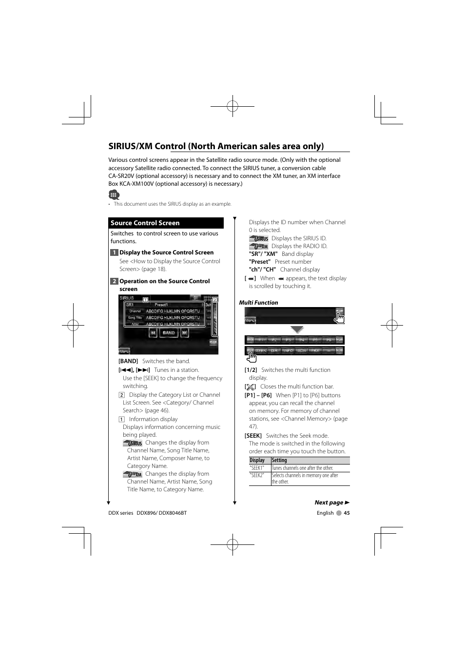 Sirius/xm control (north american sales area only) | Kenwood DDX8046BT User Manual | Page 45 / 124