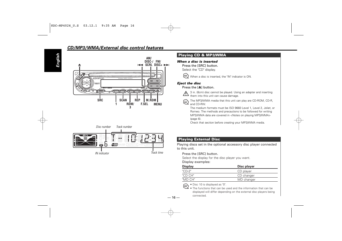 Cd/mp3/wma/external disc control features, English | Kenwood KDC-MP4026 User Manual | Page 16 / 32