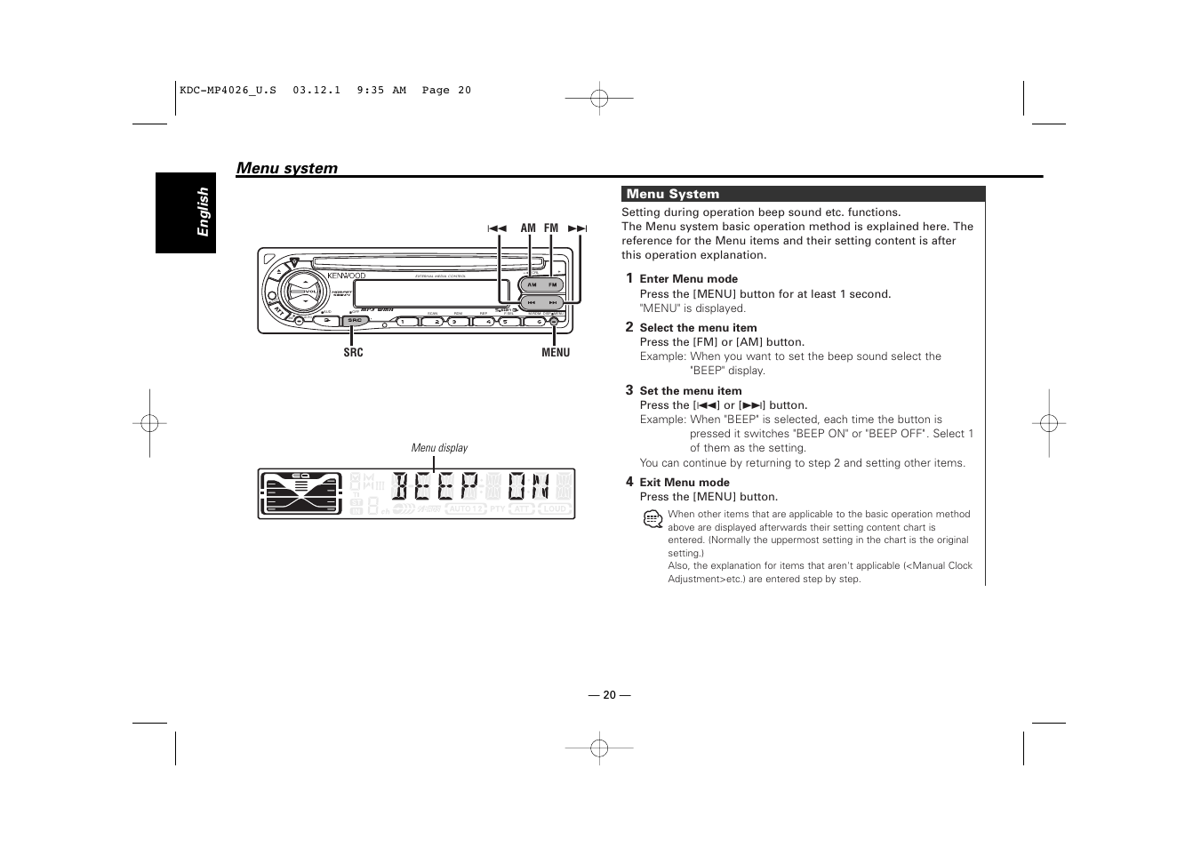 Menu system, English | Kenwood KDC-MP4026 User Manual | Page 20 / 32