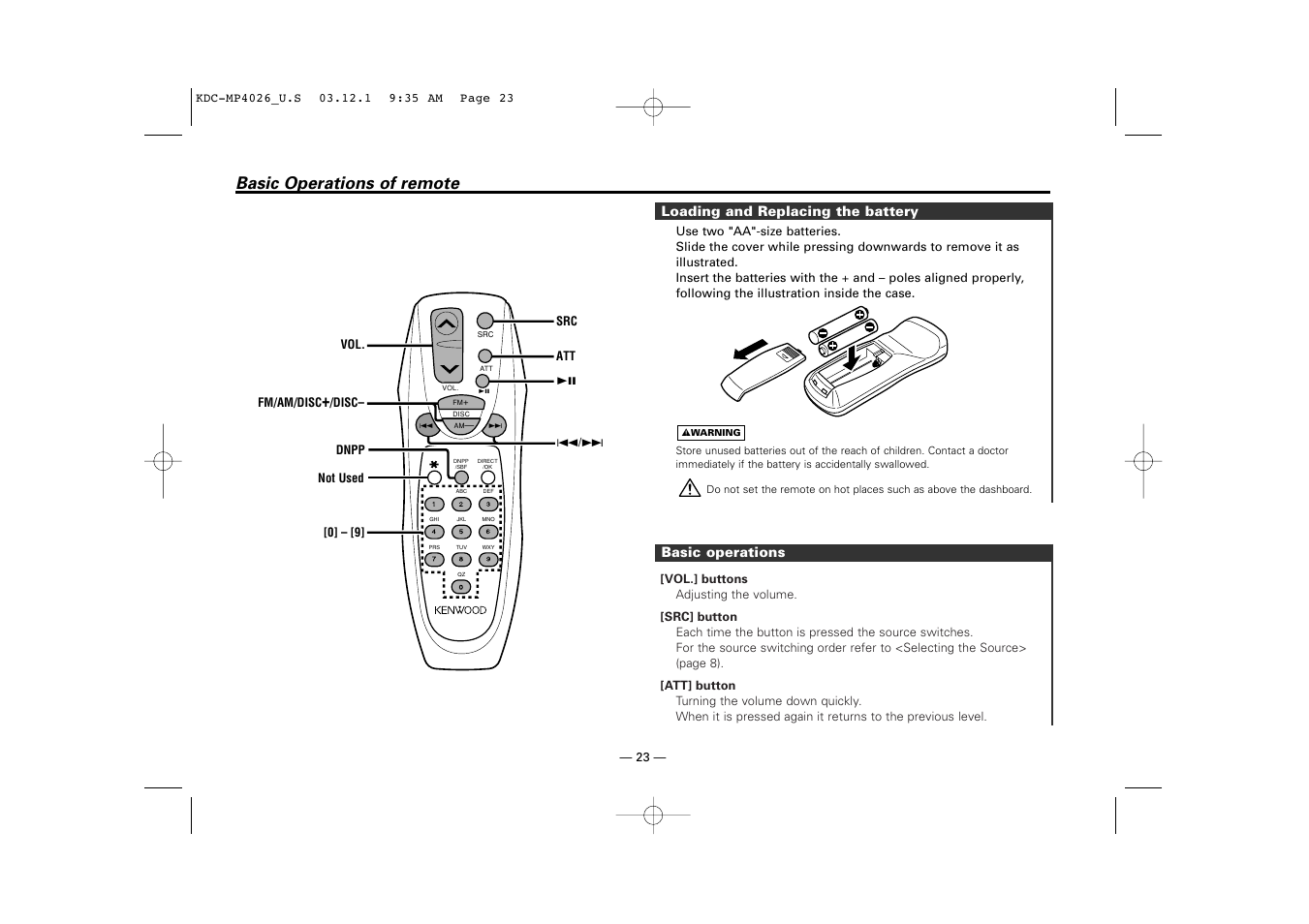 Basic operations of remote | Kenwood KDC-MP4026 User Manual | Page 23 / 32