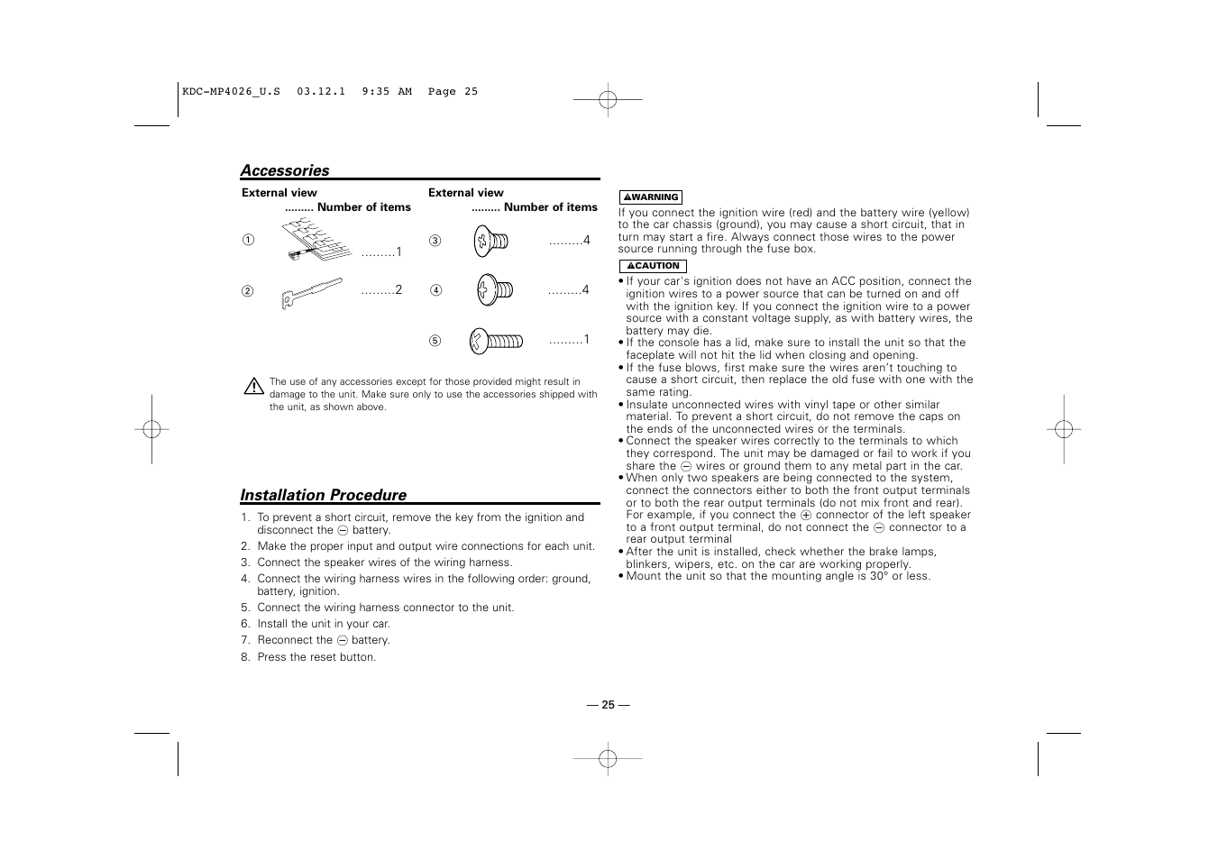 Accessories, Installation procedure | Kenwood KDC-MP4026 User Manual | Page 25 / 32