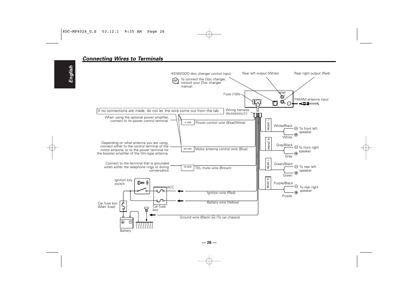 Connecting wires to terminals, English | Kenwood KDC-MP4026 User Manual | Page 26 / 32