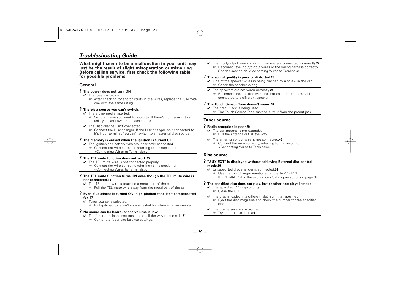 Troubleshooting guide | Kenwood KDC-MP4026 User Manual | Page 29 / 32