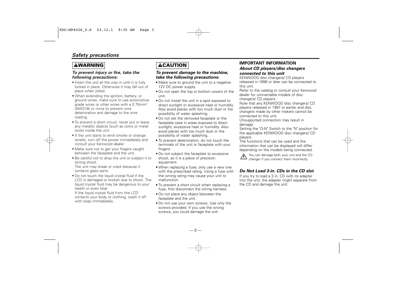 Safety precautions | Kenwood KDC-MP4026 User Manual | Page 3 / 32