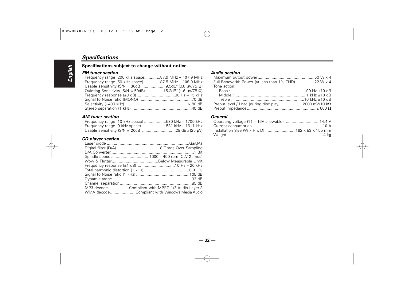 Specifications | Kenwood KDC-MP4026 User Manual | Page 32 / 32