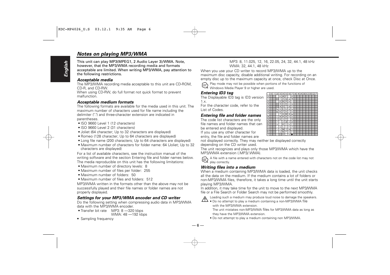 Notes on playing mp3/wma | Kenwood KDC-MP4026 User Manual | Page 6 / 32