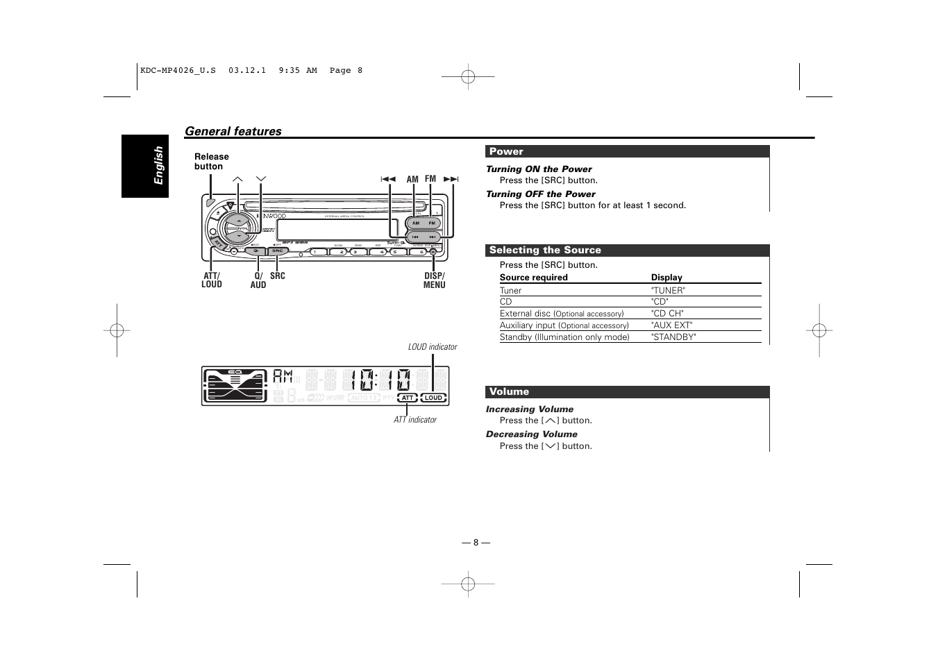 General features, English | Kenwood KDC-MP4026 User Manual | Page 8 / 32