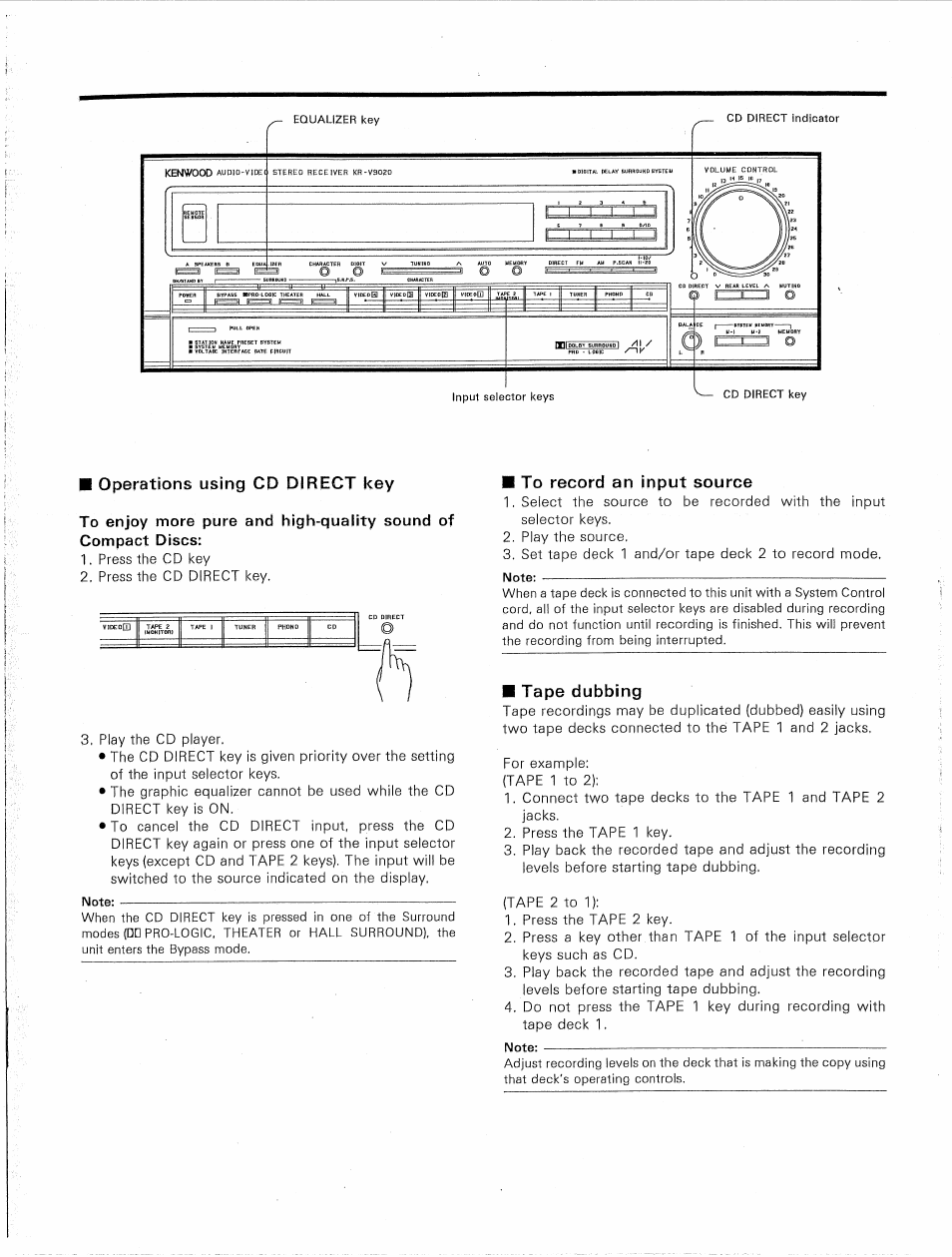 Operations using cd direct key, To record an input source, Tape dubbing | Kenwood KR-V9020 User Manual | Page 19 / 44