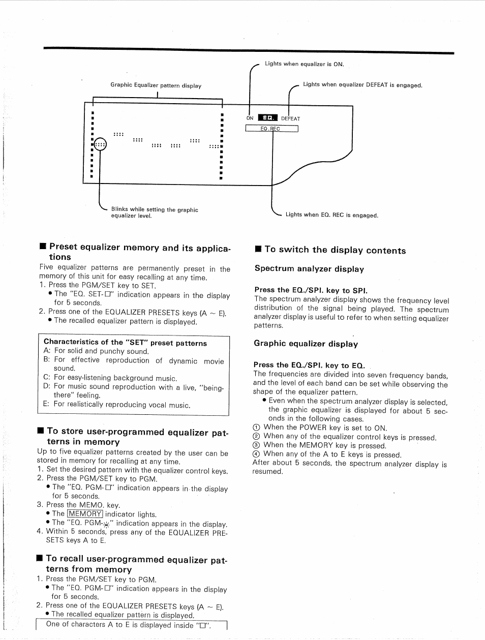 Preset equalizer memory and its applications, Graphic equalizer display | Kenwood KR-V9020 User Manual | Page 25 / 44