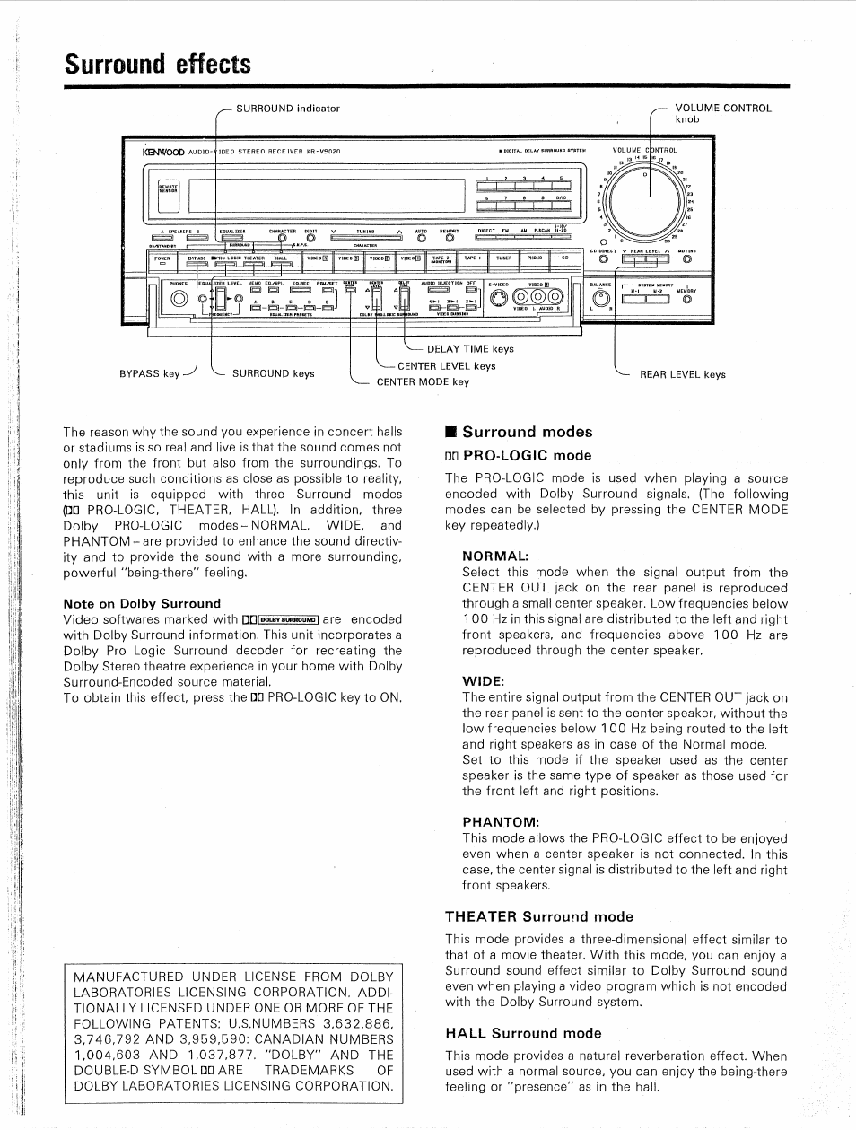 Surround effects, Note on dolby surround, Normal | Wide, Phantom, Surround modes | Kenwood KR-V9020 User Manual | Page 28 / 44