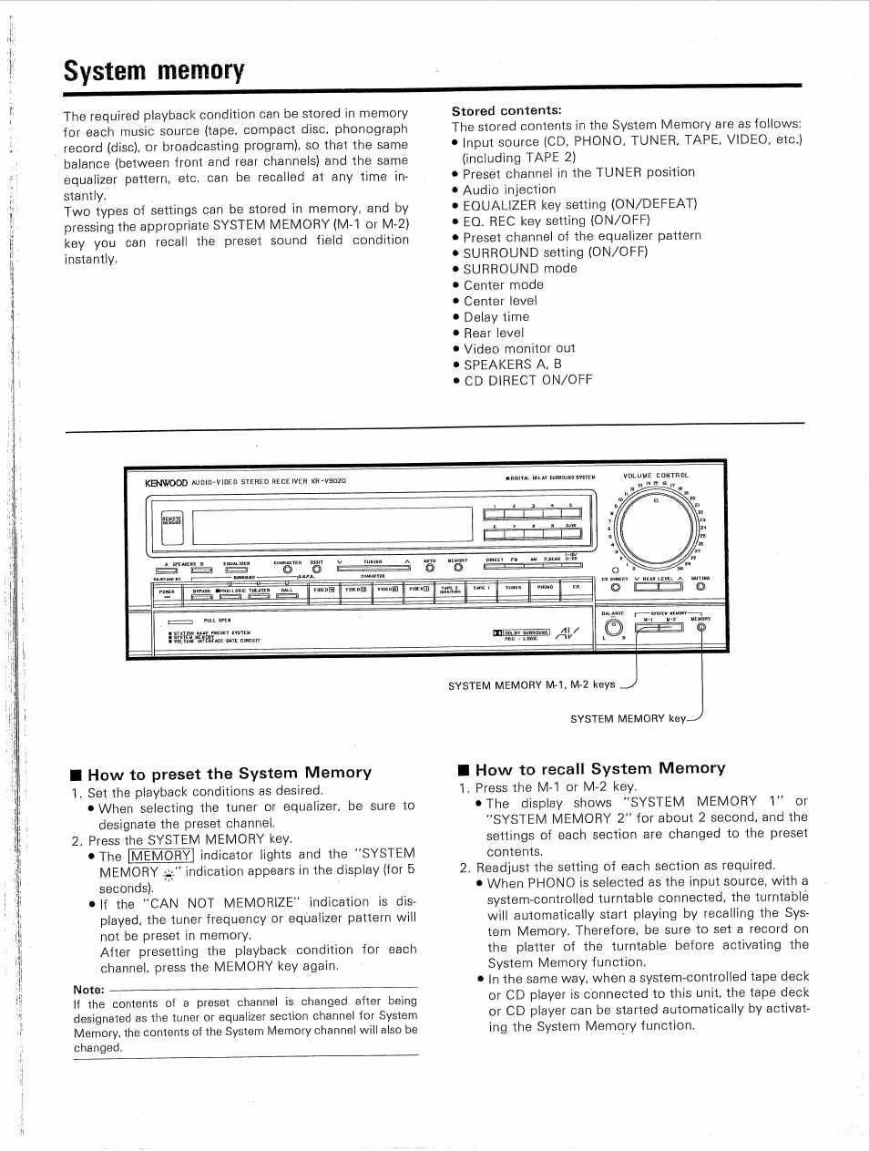 System memory, How to preset the system memory, How to recall system memory | Kenwood KR-V9020 User Manual | Page 32 / 44