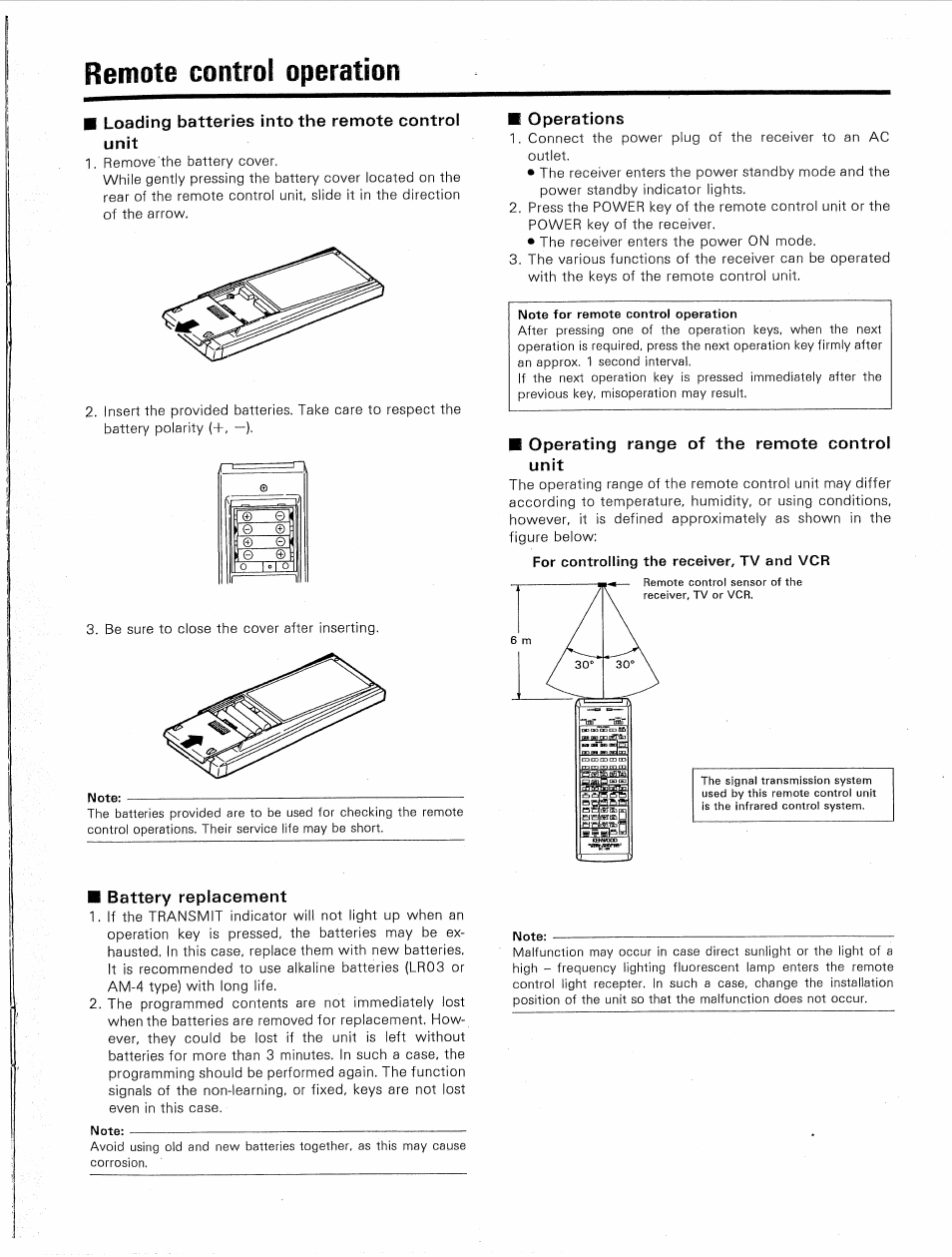 Remote control operation, Loading batteries into the remote control unit, Operations | Operating range of the remote control unit, Battery replacement | Kenwood KR-V9020 User Manual | Page 35 / 44