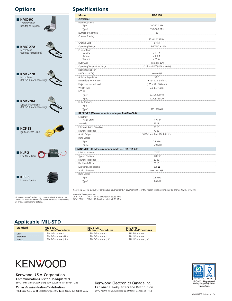Options specifications, Applicable mil-std, Kmc-9c | Kmc-27a, Kmc-27b, Kmc-28a, Kct-18, Klf-2, Kes-5 | Kenwood TK-6110K2 User Manual | Page 2 / 2