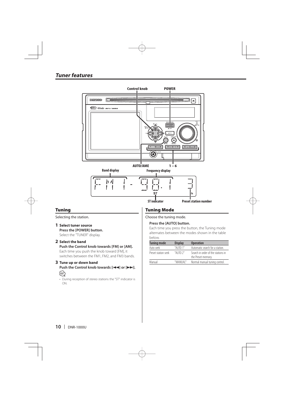 Tuner features | Kenwood DNR-1000U User Manual | Page 10 / 68