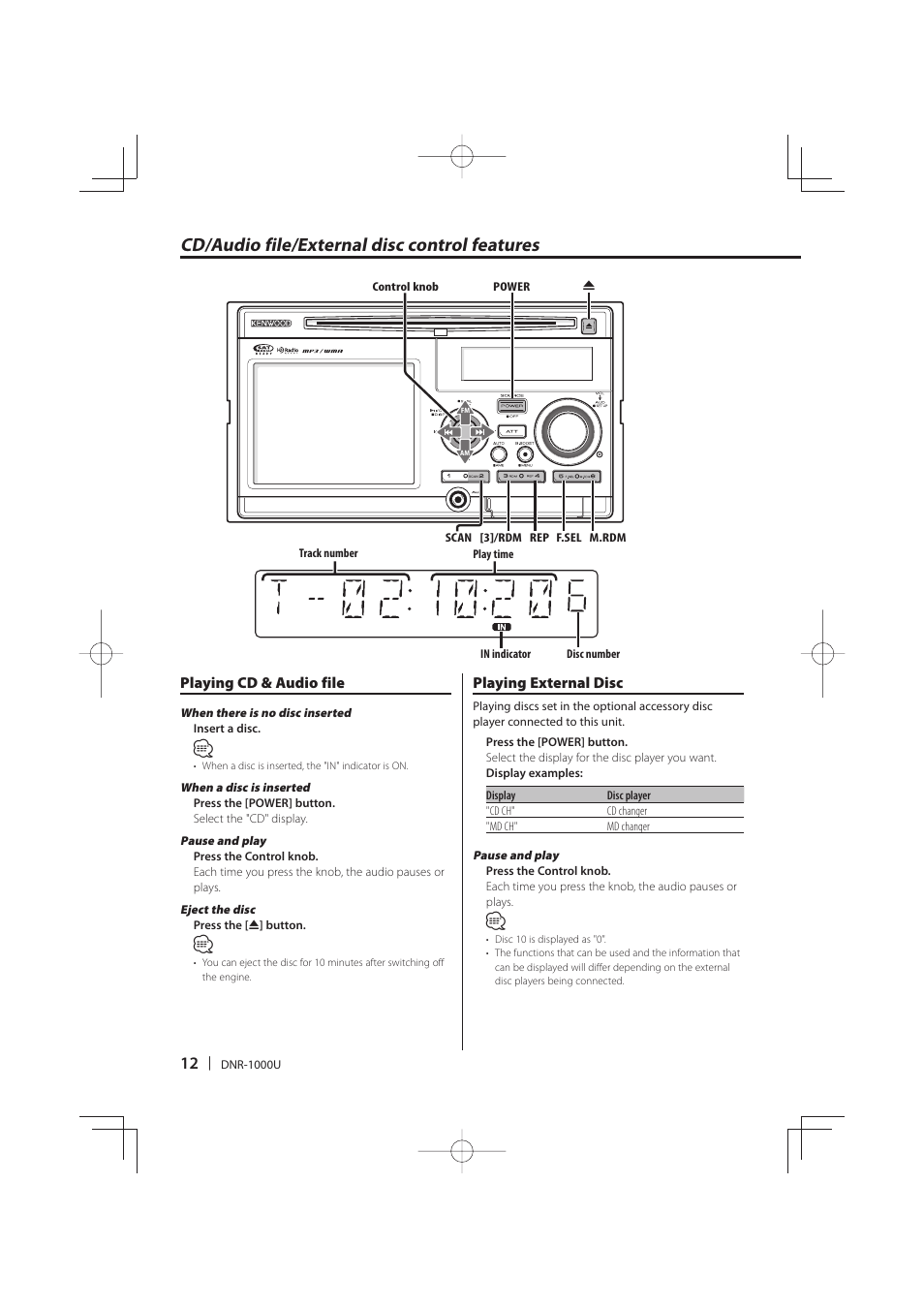 Cd/audio file/external disc control features | Kenwood DNR-1000U User Manual | Page 12 / 68