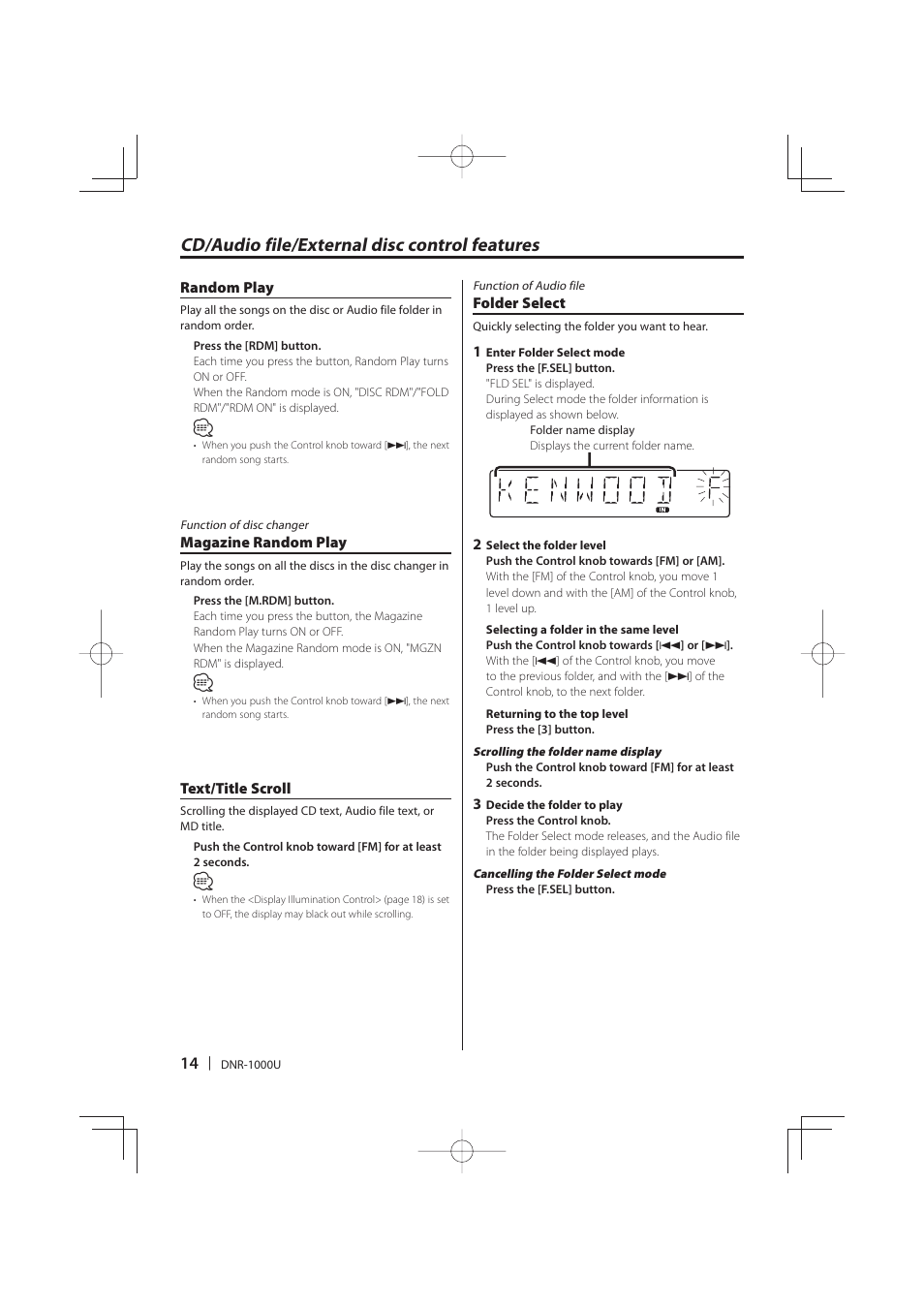 Cd/audio file/external disc control features | Kenwood DNR-1000U User Manual | Page 14 / 68