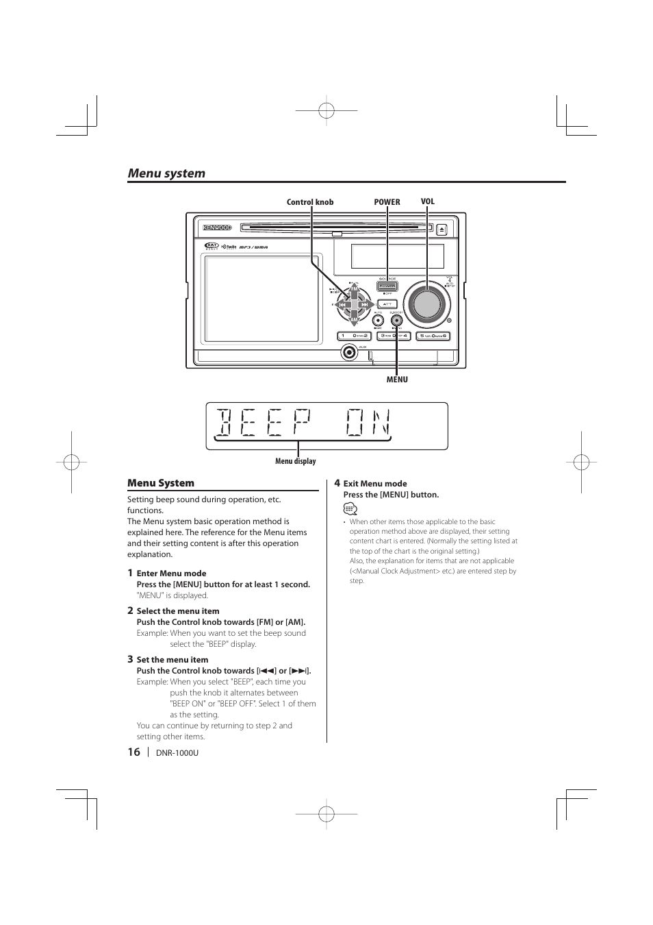 Menu system | Kenwood DNR-1000U User Manual | Page 16 / 68