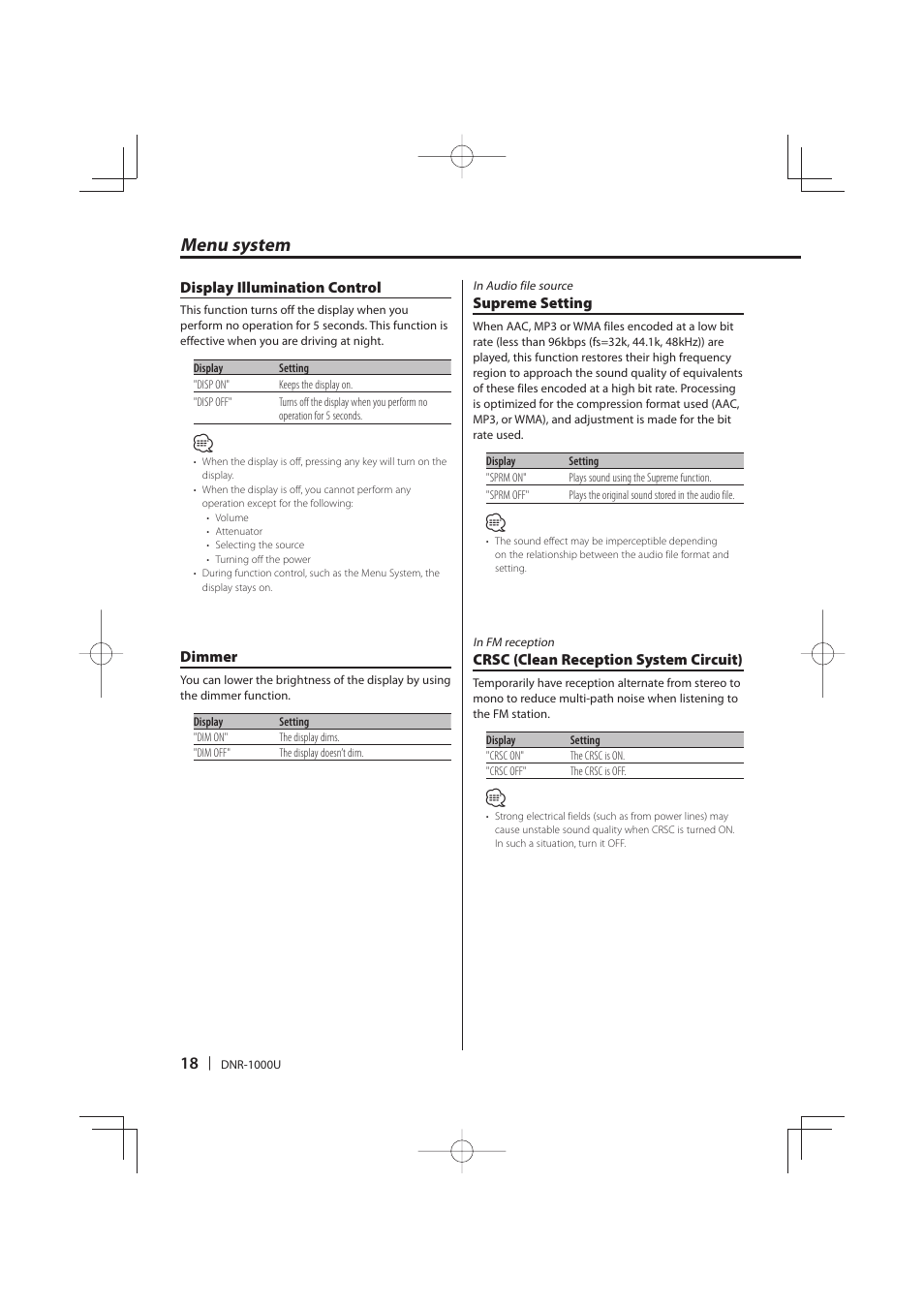 Menu system | Kenwood DNR-1000U User Manual | Page 18 / 68