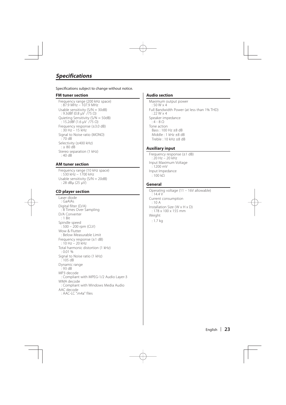 Specifications | Kenwood DNR-1000U User Manual | Page 23 / 68