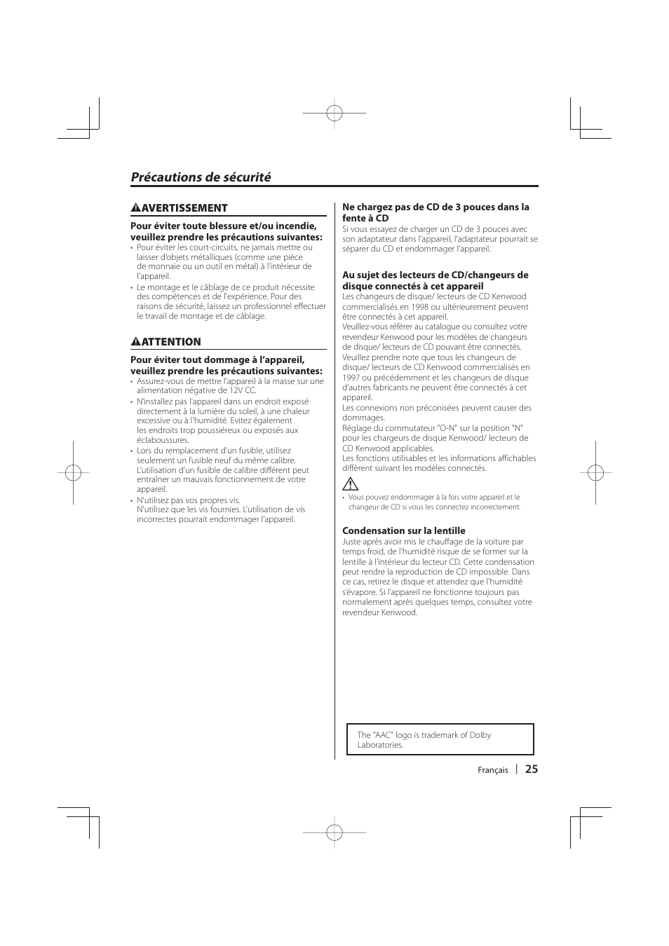 Précautions de sécurité | Kenwood DNR-1000U User Manual | Page 25 / 68