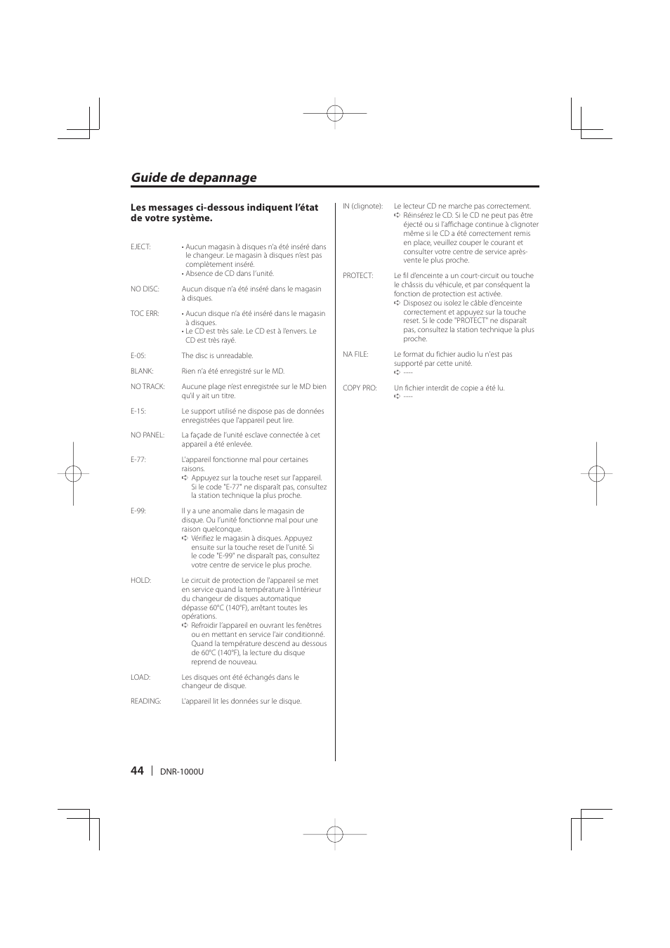 Guide de depannage | Kenwood DNR-1000U User Manual | Page 44 / 68