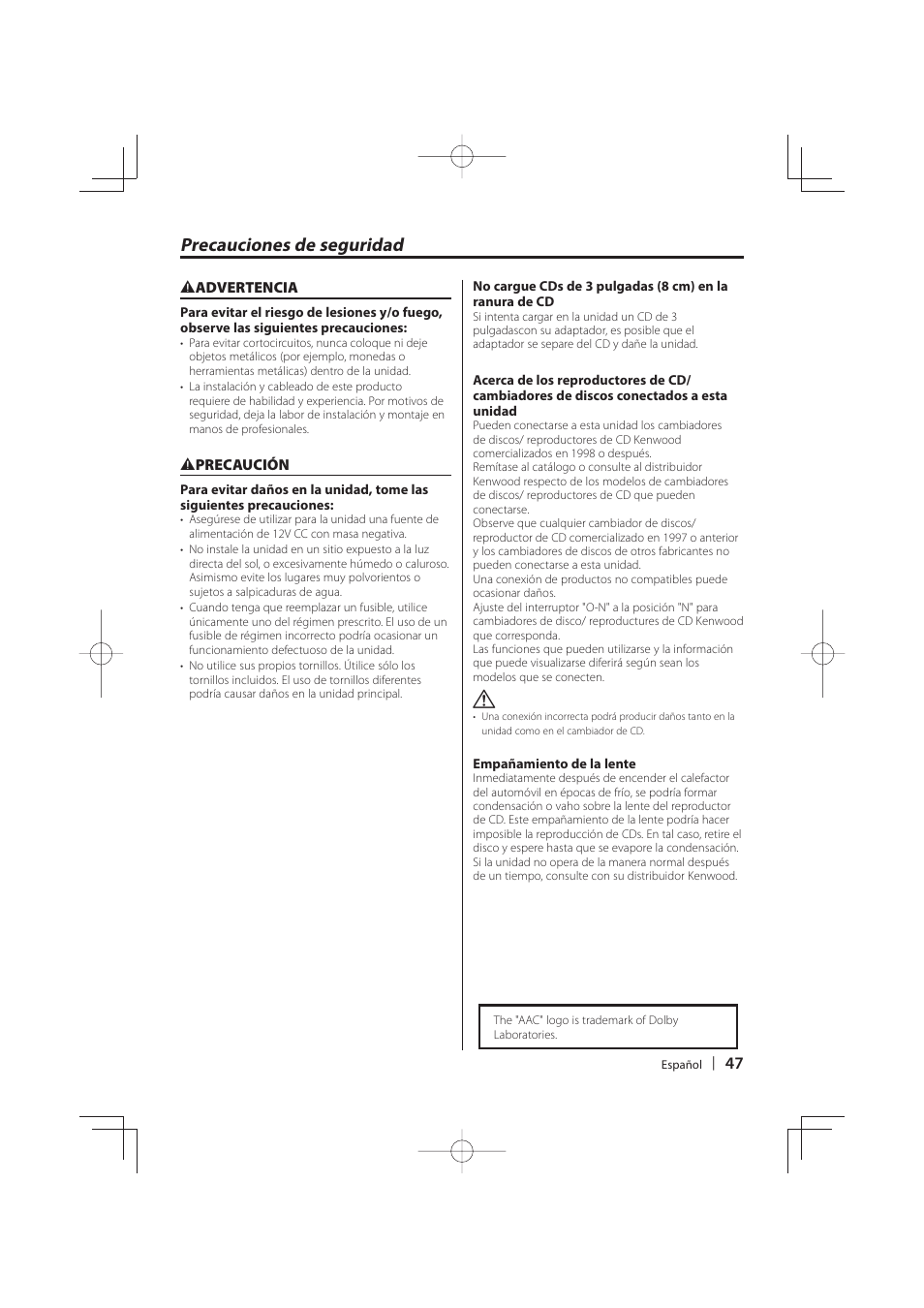 Precauciones de seguridad | Kenwood DNR-1000U User Manual | Page 47 / 68