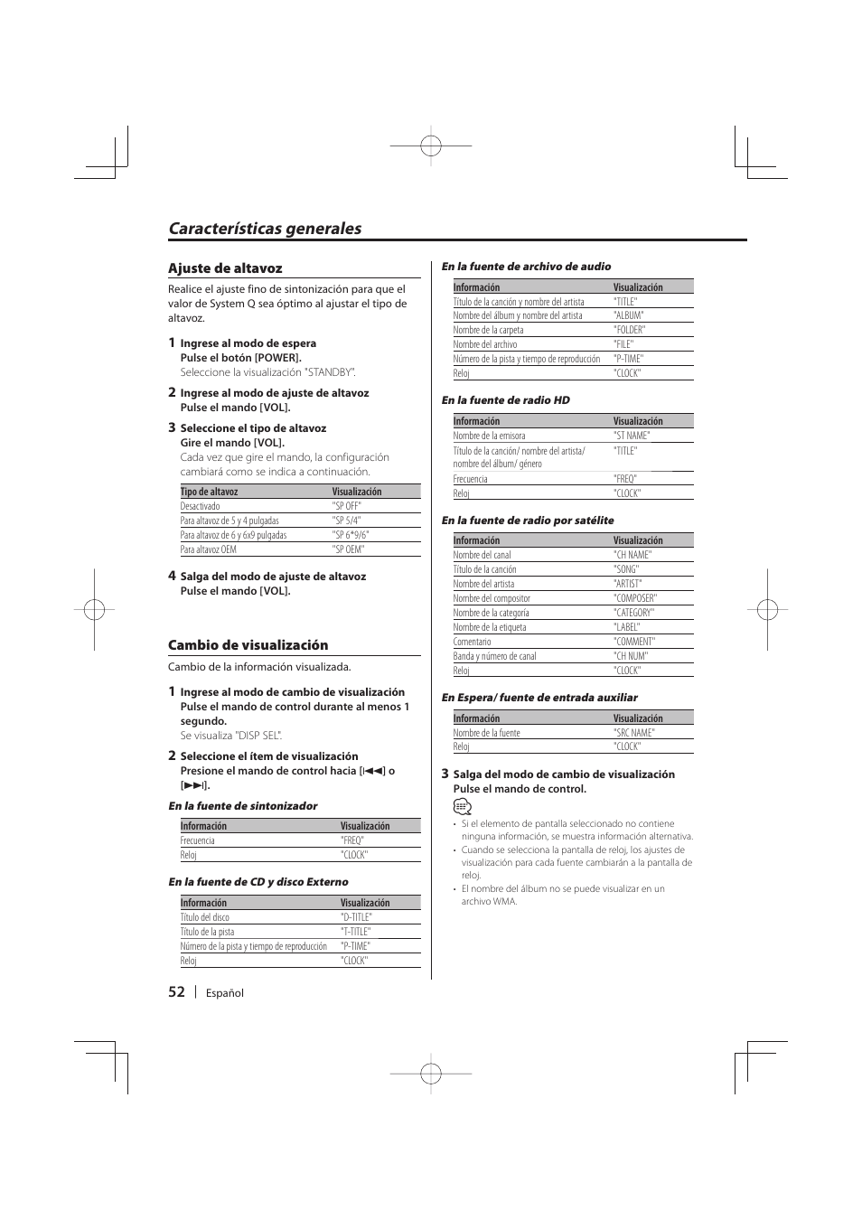 Características generales, Ajuste de altavoz, Cambio de visualización | Kenwood DNR-1000U User Manual | Page 52 / 68