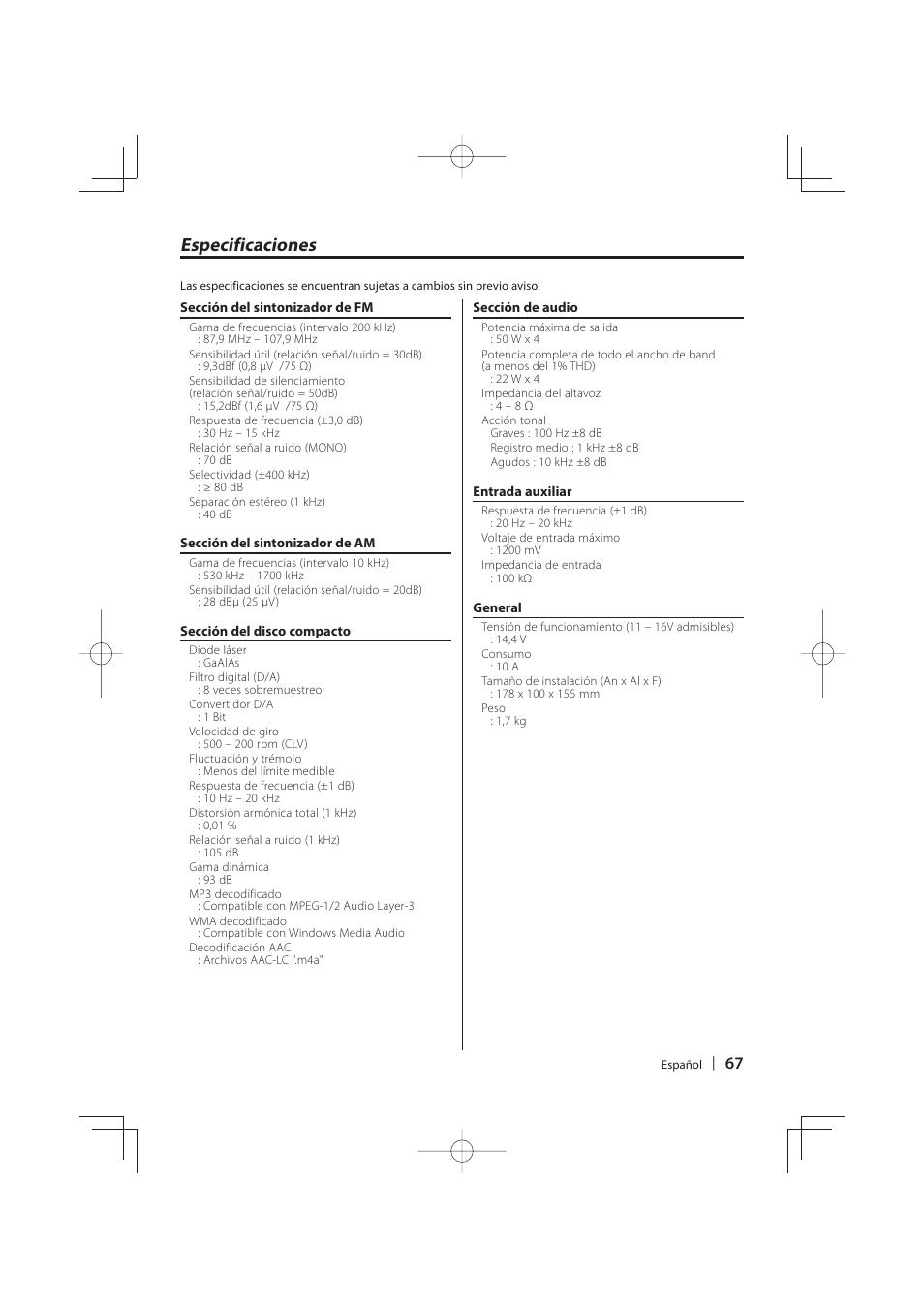 Especificaciones | Kenwood DNR-1000U User Manual | Page 67 / 68