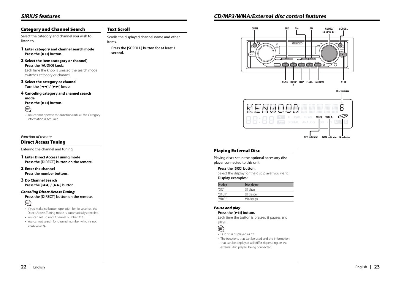 Cd/mp3/wma/external disc control features, Sirius features | Kenwood EZ900HDS User Manual | Page 12 / 23