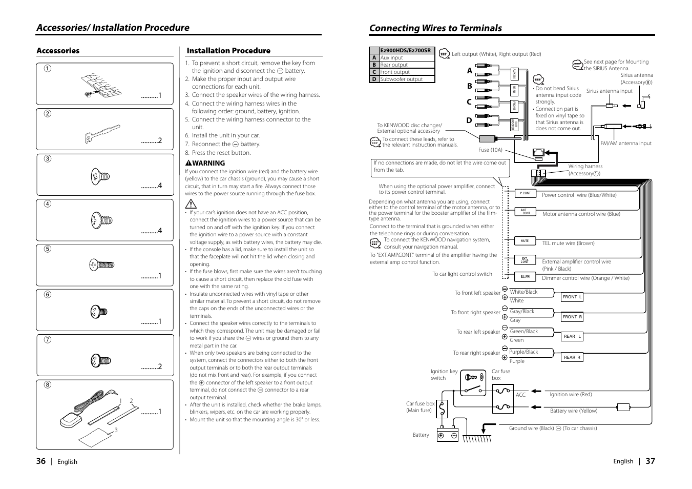 Connecting wires to terminals, Accessories/ installation procedure | Kenwood EZ900HDS User Manual | Page 19 / 23