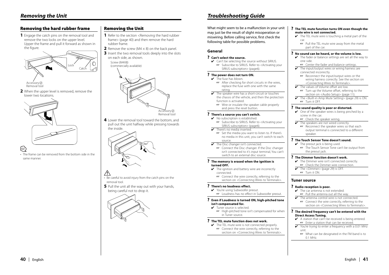 Troubleshooting guide, Removing the unit | Kenwood EZ900HDS User Manual | Page 21 / 23