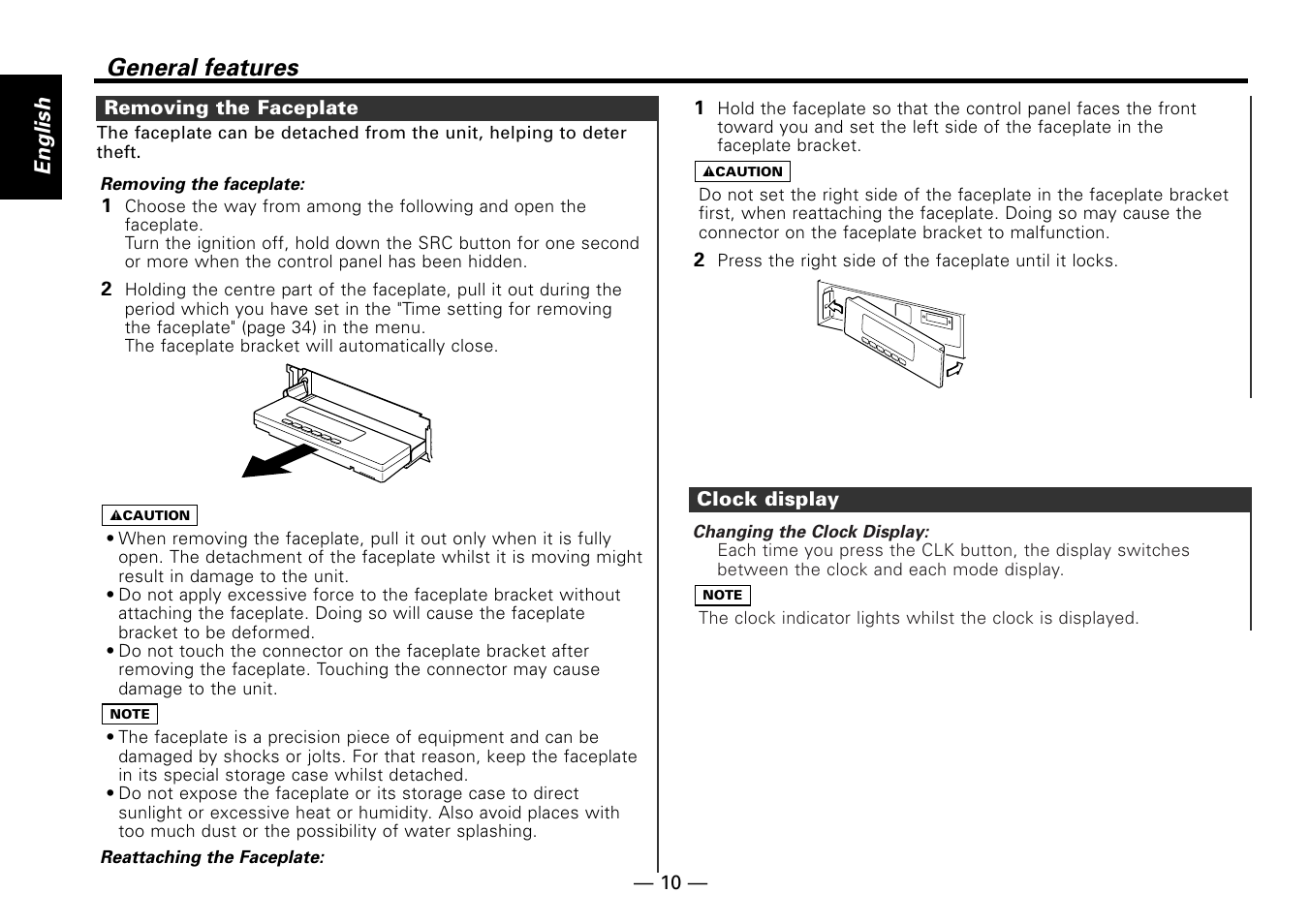 Removing the faceplate, Clock display, General features | English | Kenwood KRC-779R  EN User Manual | Page 10 / 50