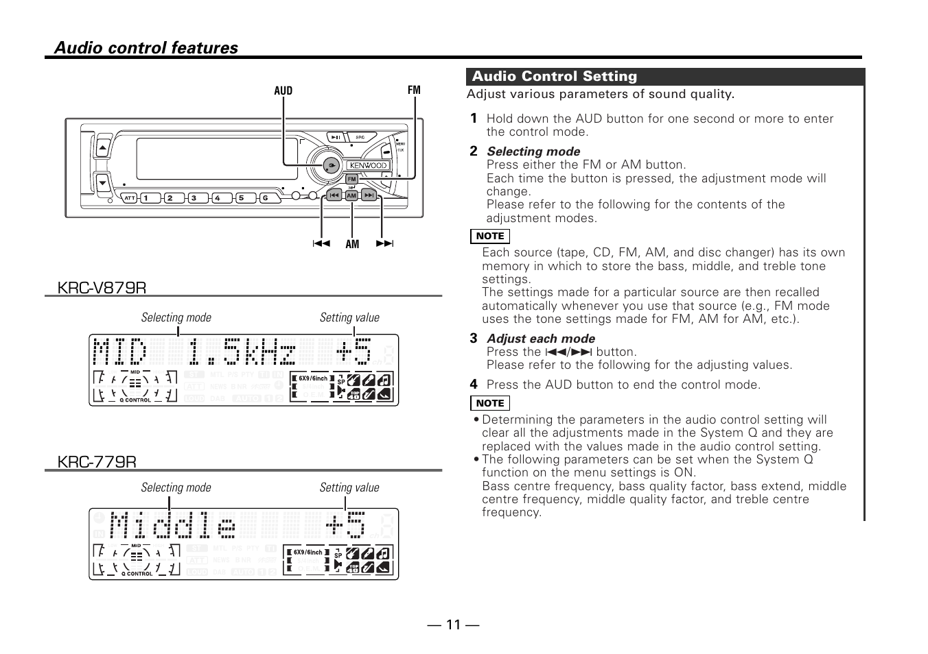 Audio control features, Audio control setting, 21 audio control setting | Kenwood KRC-779R  EN User Manual | Page 11 / 50