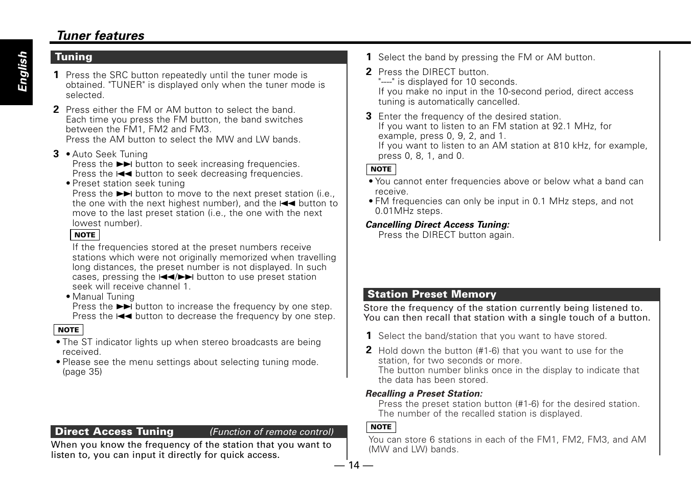 Tuning, Direct access tuning (function of remote control), Station preset memory | Tuner features, English | Kenwood KRC-779R  EN User Manual | Page 14 / 50