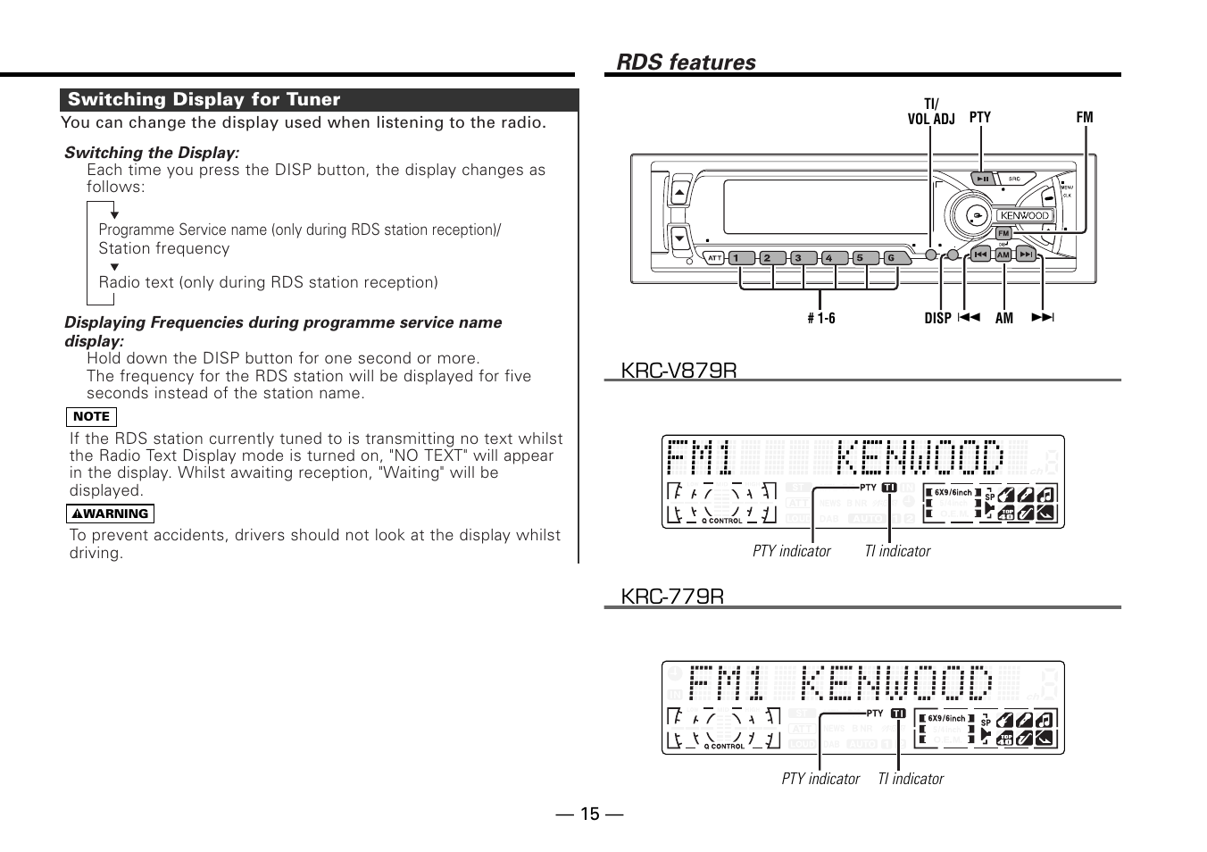 Switching display for tuner, Rds features, Switching display for tuner — 15 | Switching the display | Kenwood KRC-779R  EN User Manual | Page 15 / 50