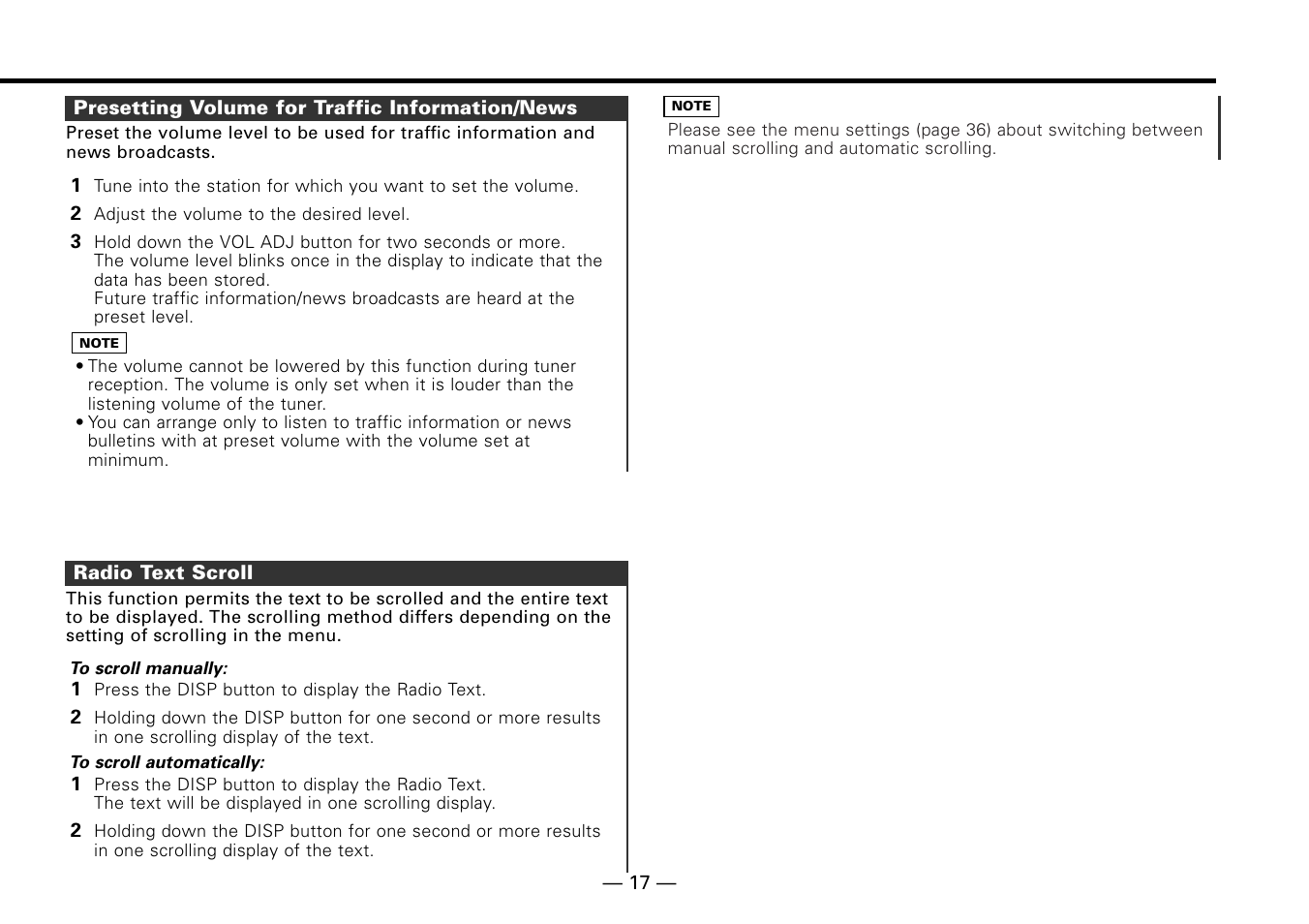 Presetting volume for traffic information/news, Radio text scroll | Kenwood KRC-779R  EN User Manual | Page 17 / 50