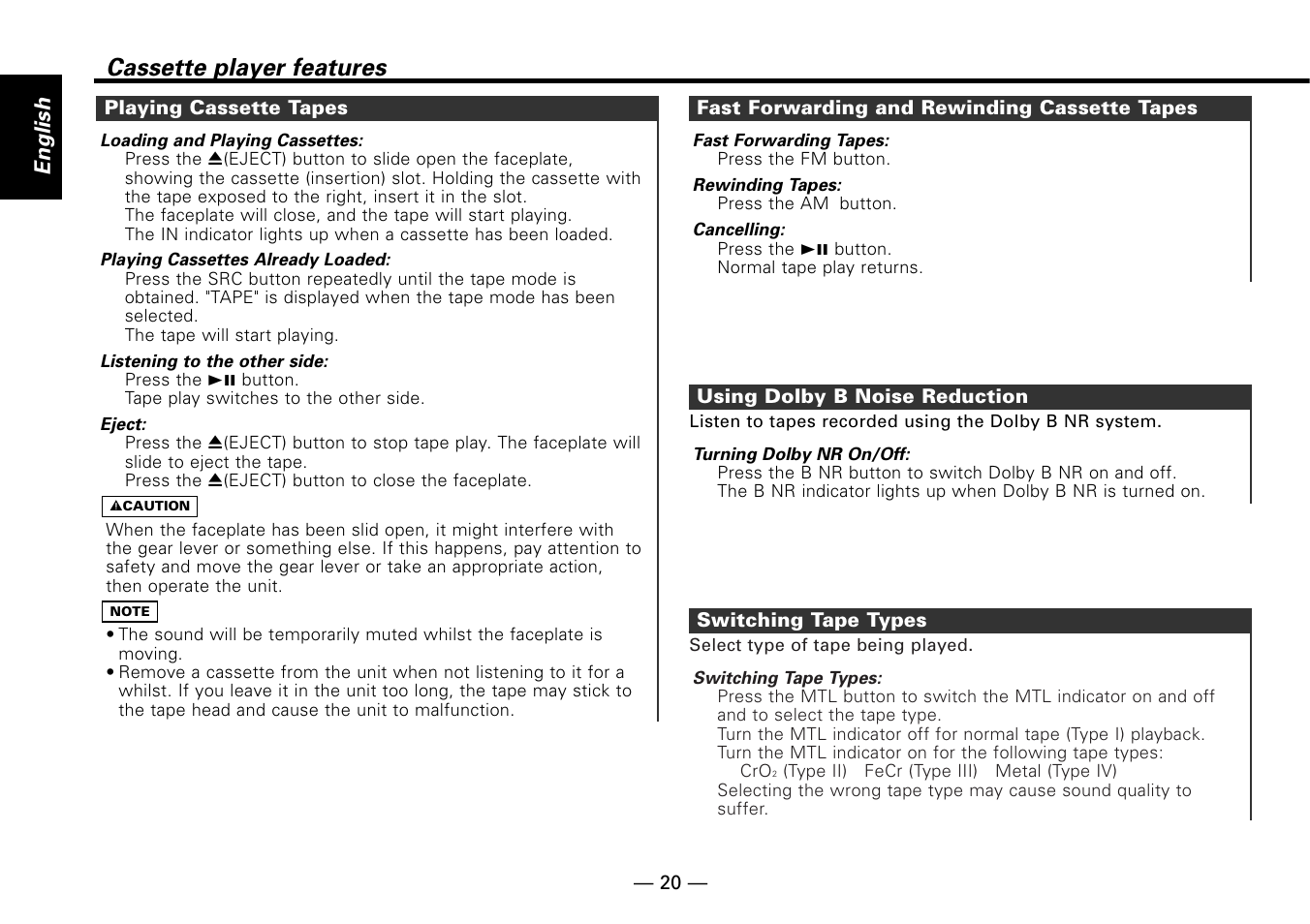 Playing cassette tapes, Fast forwarding and rewinding cassette tapes, Using dolby b noise reduction | Switching tape types, Cassette player features, English | Kenwood KRC-779R  EN User Manual | Page 20 / 50