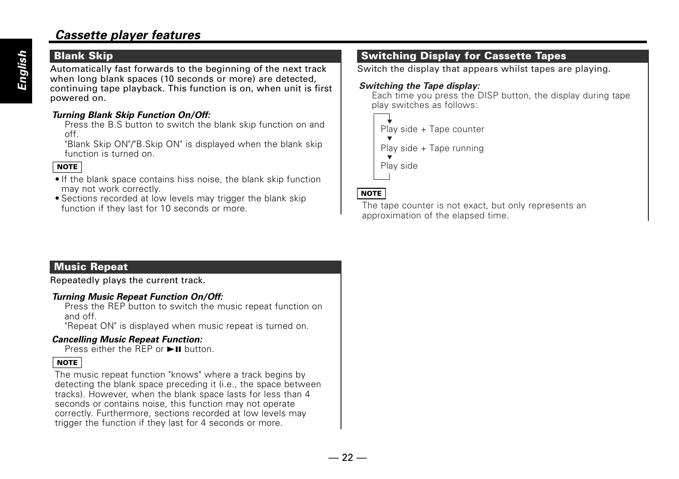 Blank skip, Music repeat, Switching display for cassette tapes | Cassette player features, English | Kenwood KRC-779R  EN User Manual | Page 22 / 50